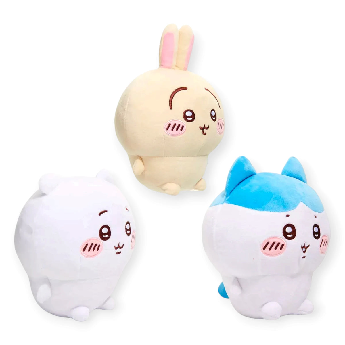 Set of three 20cm plush figures with cute faces in beige, white, and blue