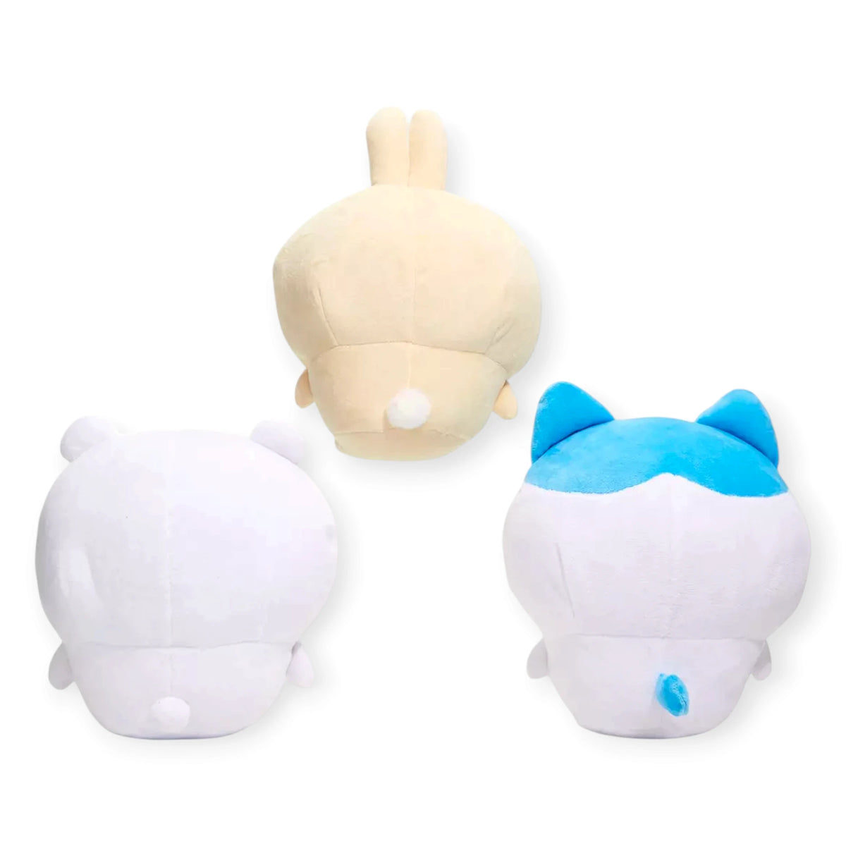 Set of three 20cm plush figures: beige back, white side, blue-accented back