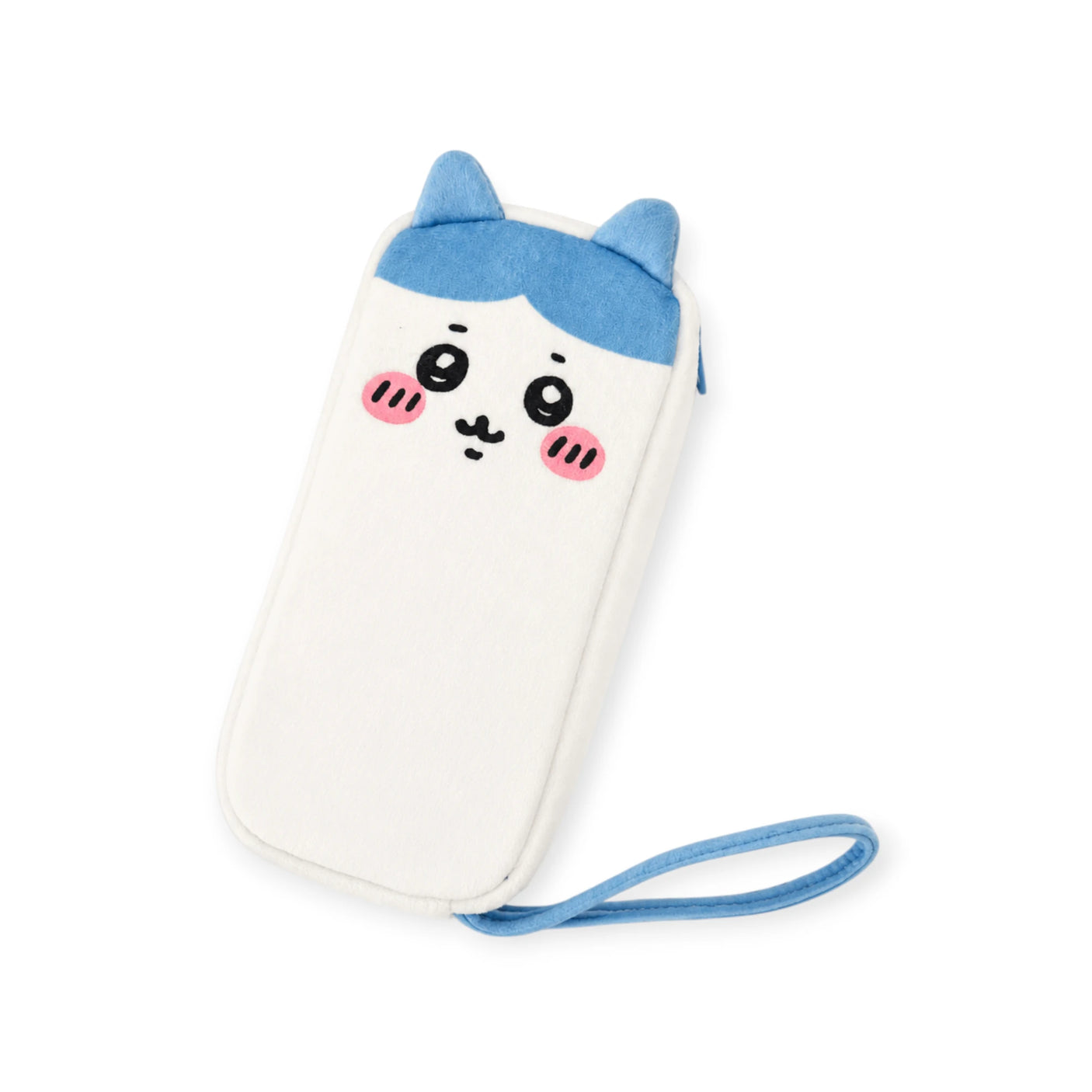 Hachiware zipper case with strap, white pouch with blue cat face and strap