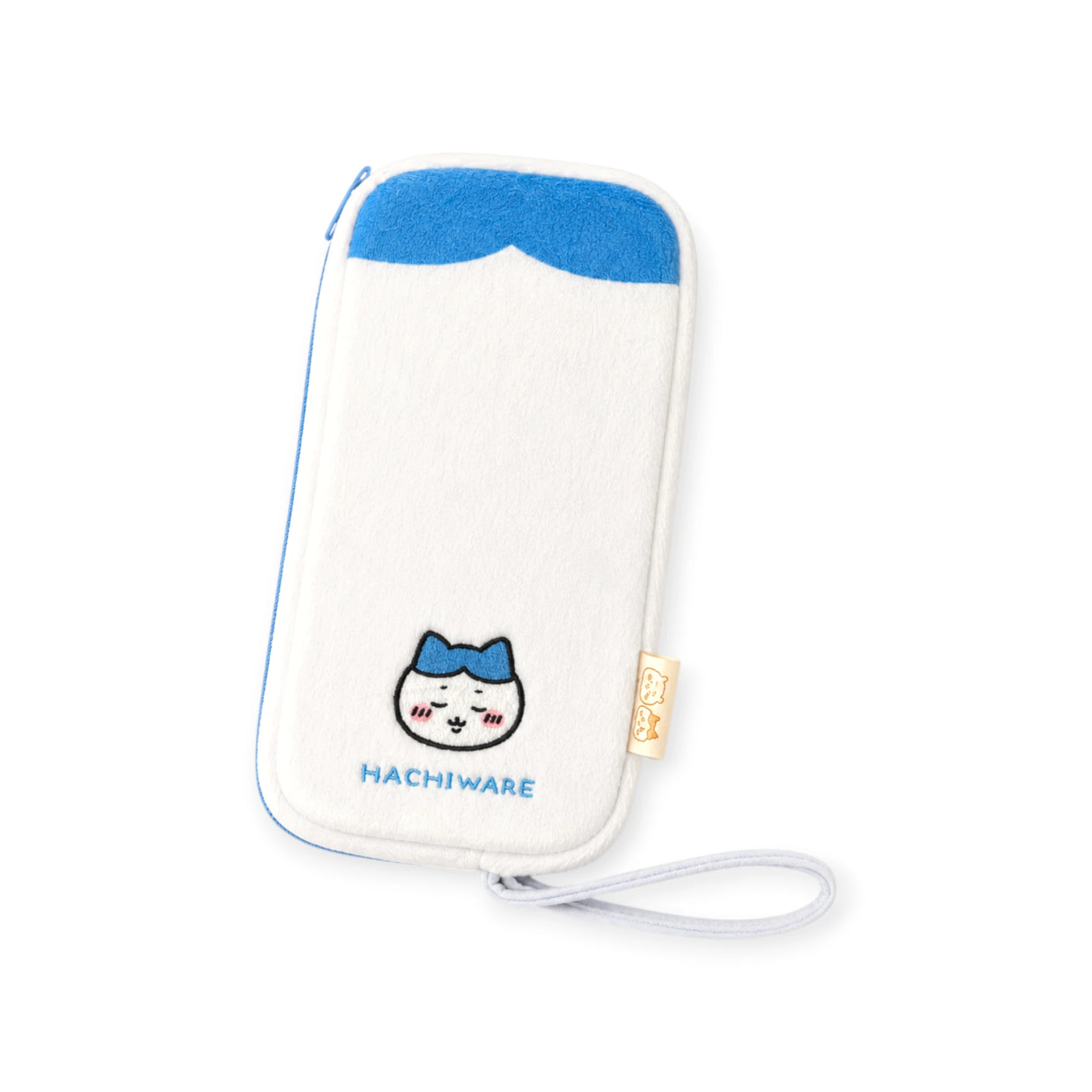 Hachiware zipper case with strap, white pouch with blue cat design and “HACHIWARE” tag