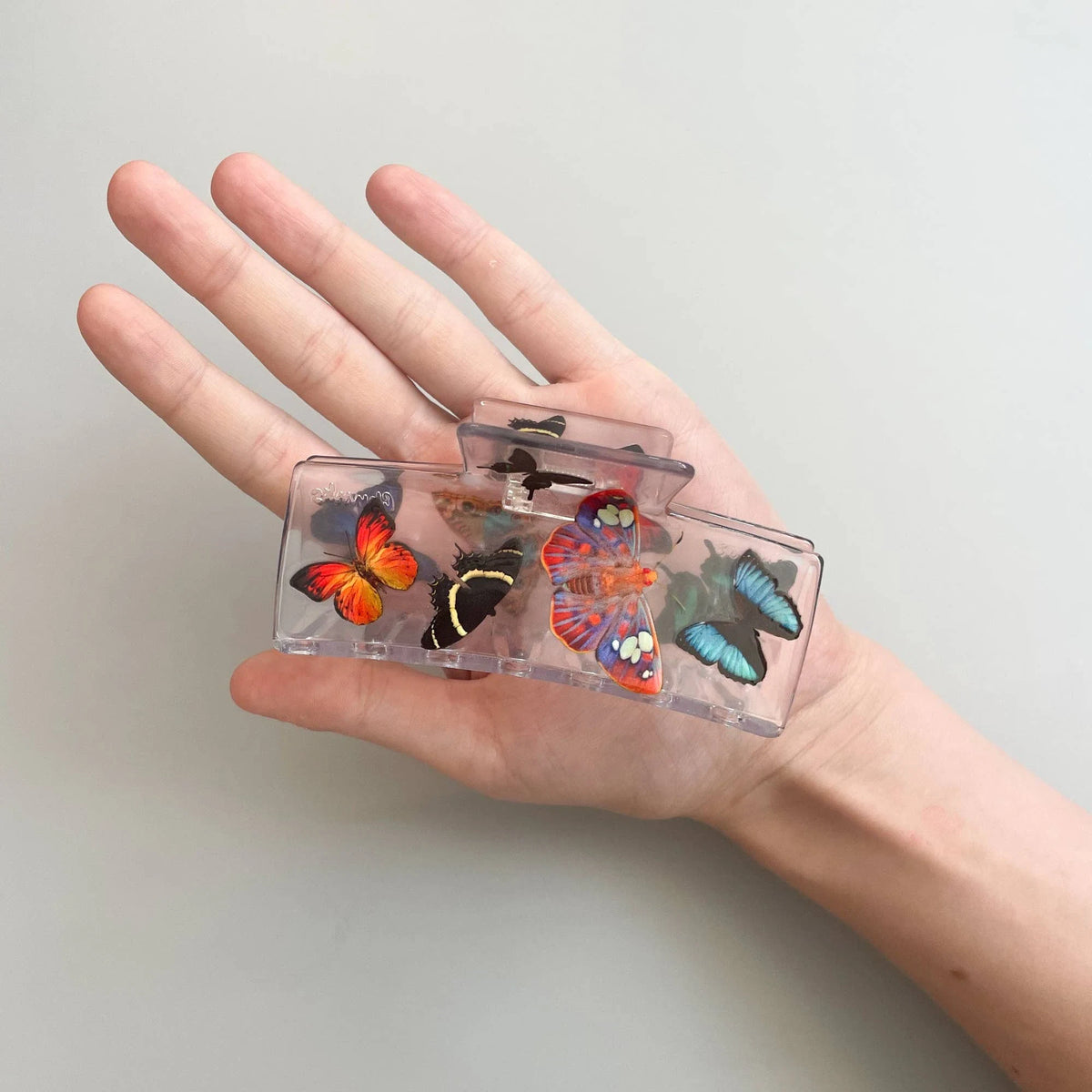 Transparent box claw clip with butterfly decals, held in an open hand