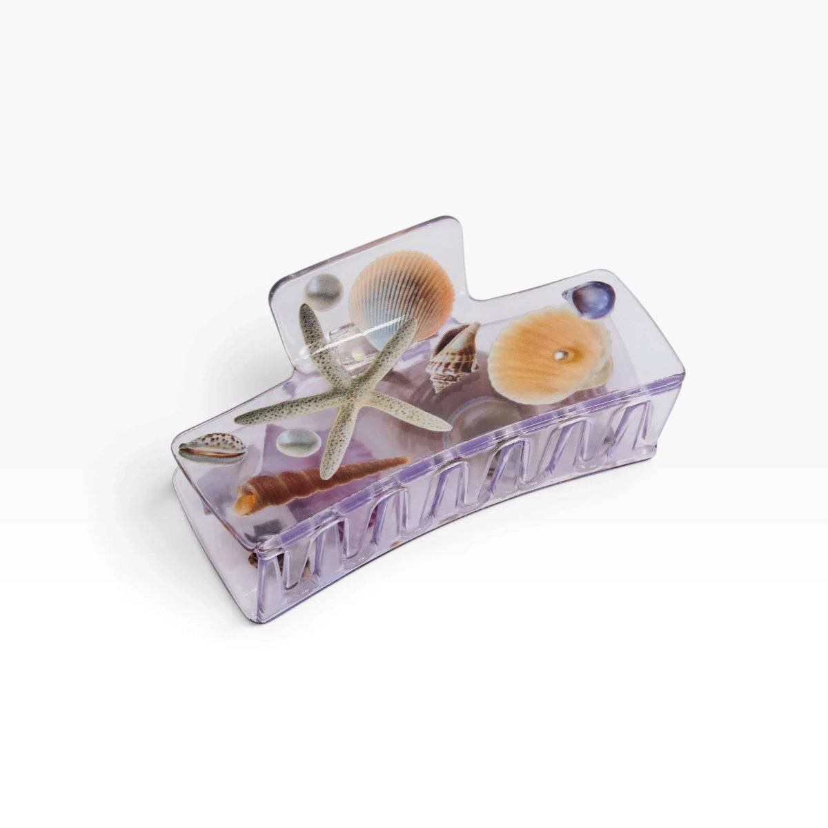 Seashell box claw clip with clear lavender frame and starfish, shell charms