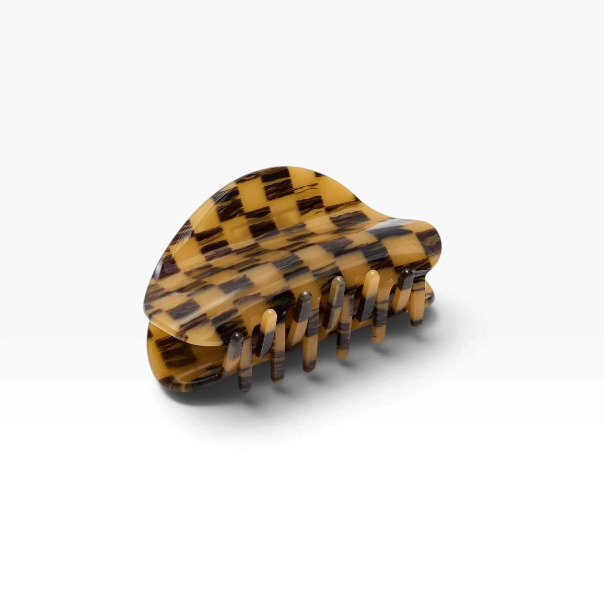Mocha checker claw clip with long prongs in tortoiseshell check pattern