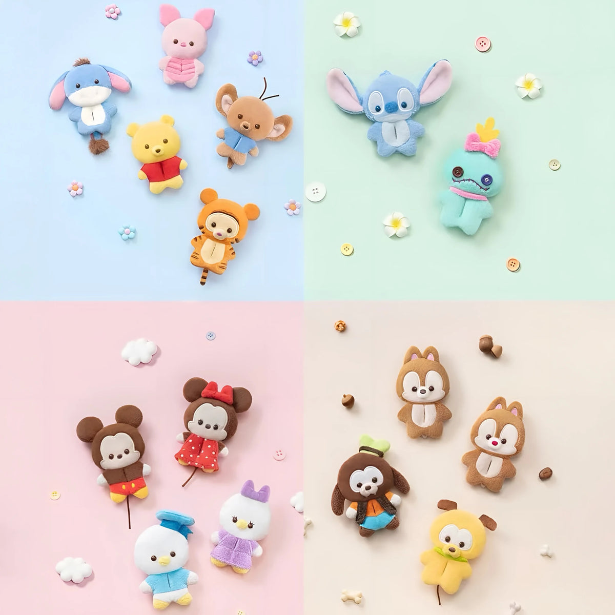 Assorted plush character charms shown in two panels, with bunny, dog, and bear figures.