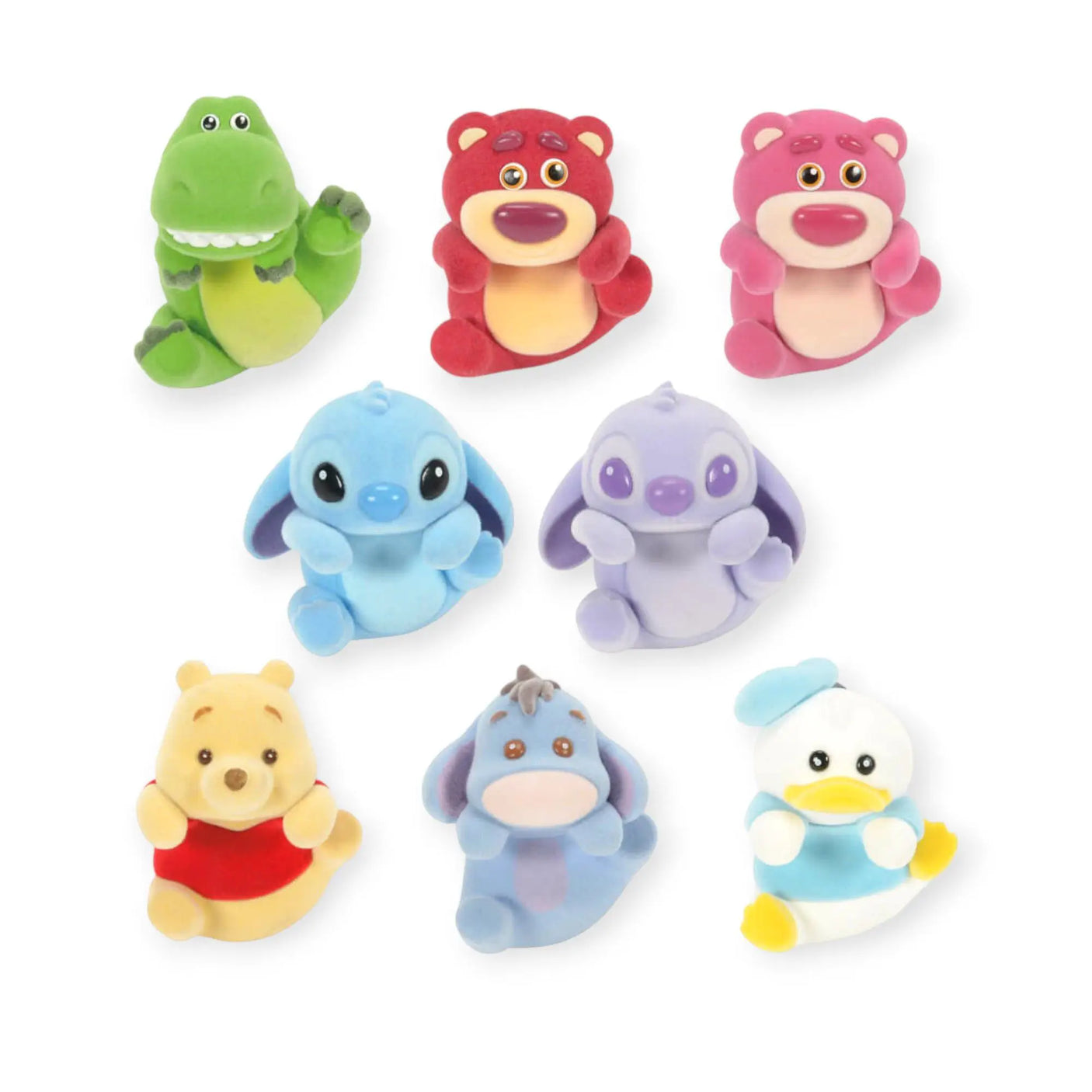 Assorted flocked animal plush climbing figures, eight characters in different colors