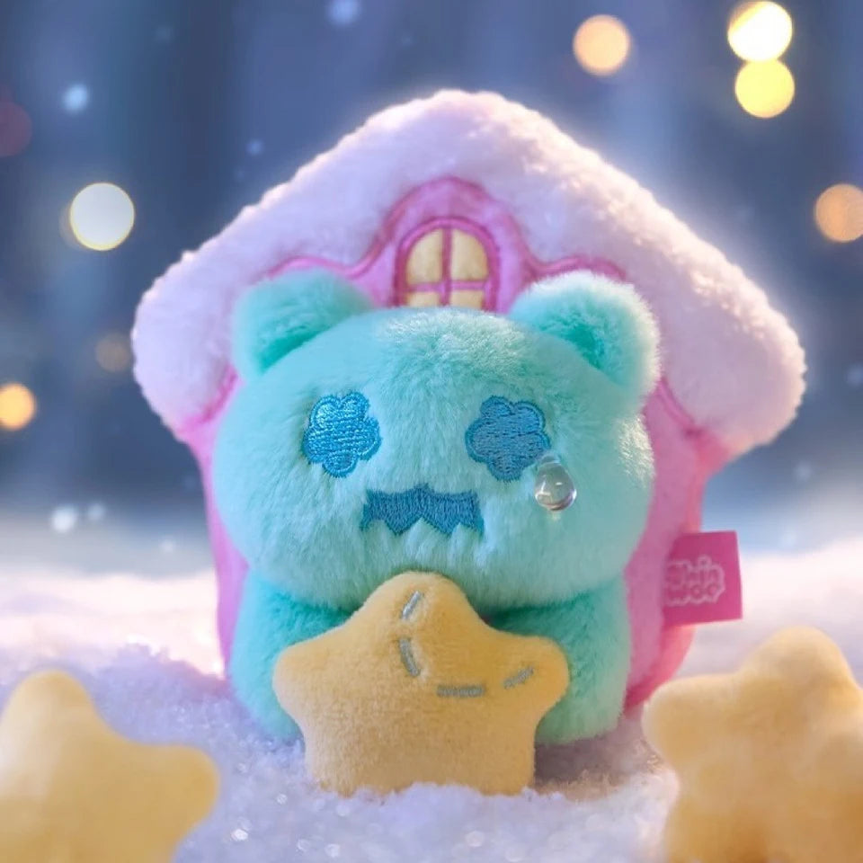 Turquoise plush bear from Finding Unicorn Shinwoo Cold Hugs Blind Box with blue cloud eyes and teardrop holding a yellow star in snow