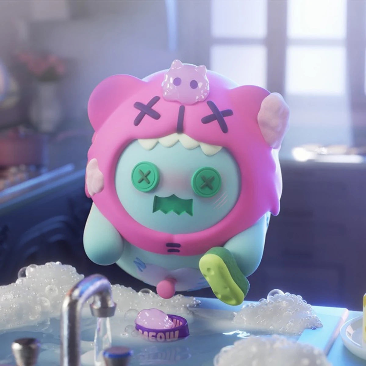 Pastel blue and pink ShinWoo Ghost Bear PVC figure with button eyes and open mouth standing in soapy water near faucet