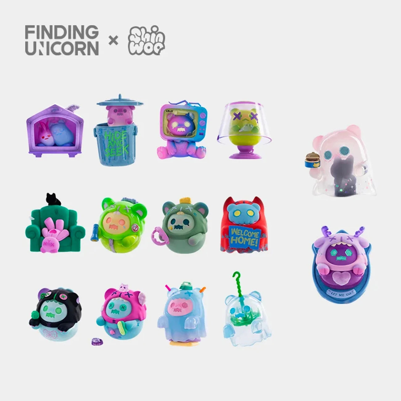 Set of fourteen colorful Finding Unicorn ShinWoo Ghost Bear House collectible PVC figures on white background
