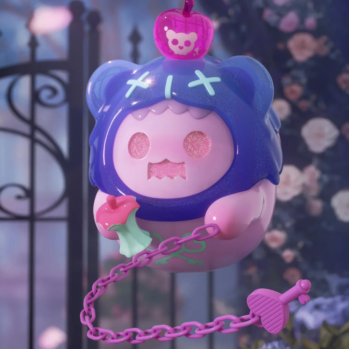 Glossy purple ShinWoo Secret Bear figure with apple hat holding chain and flower in dreamy garden with wrought iron gate background