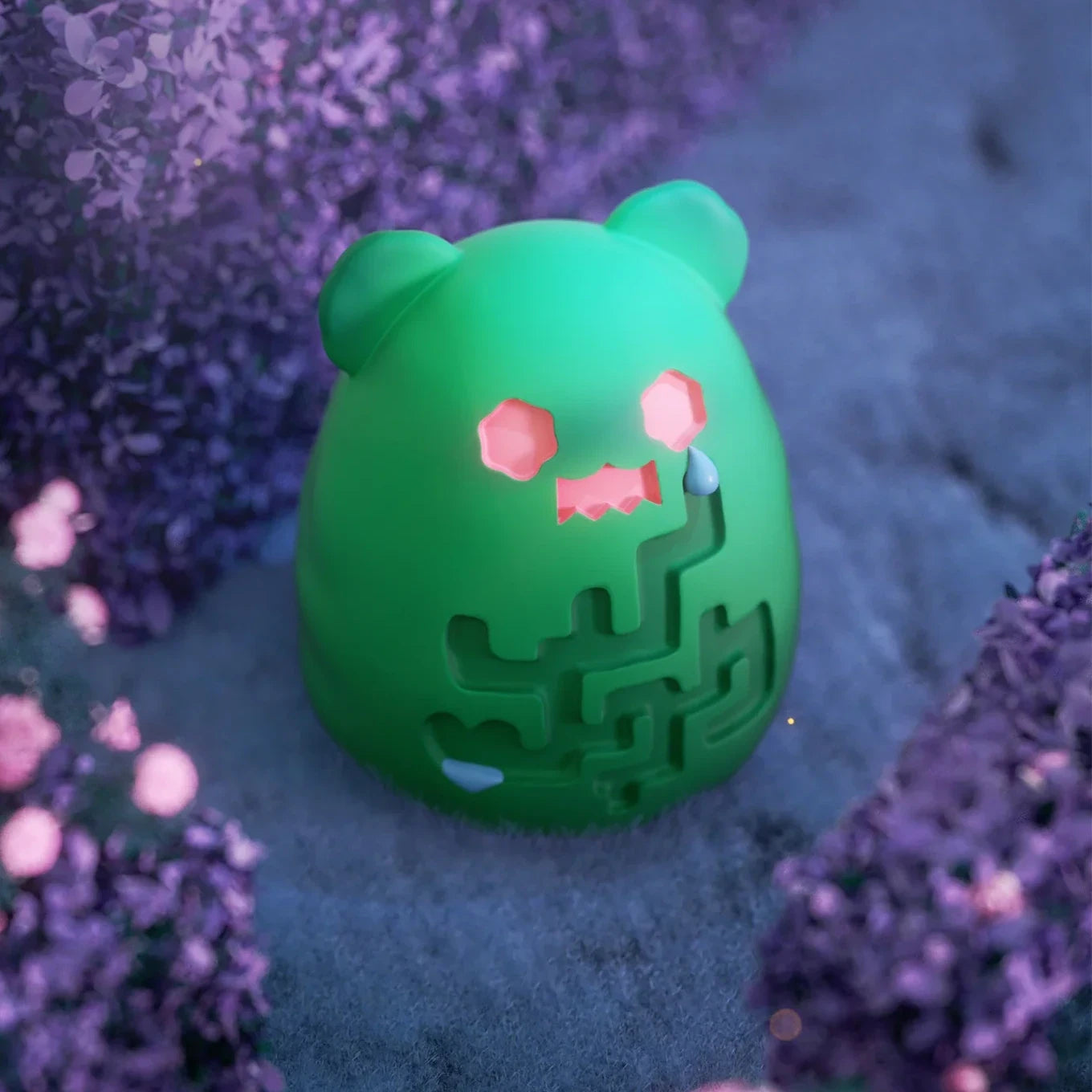 Translucent green ShinWoo Secret Bear figure with glowing pink features in misty garden surrounded by purple flowers