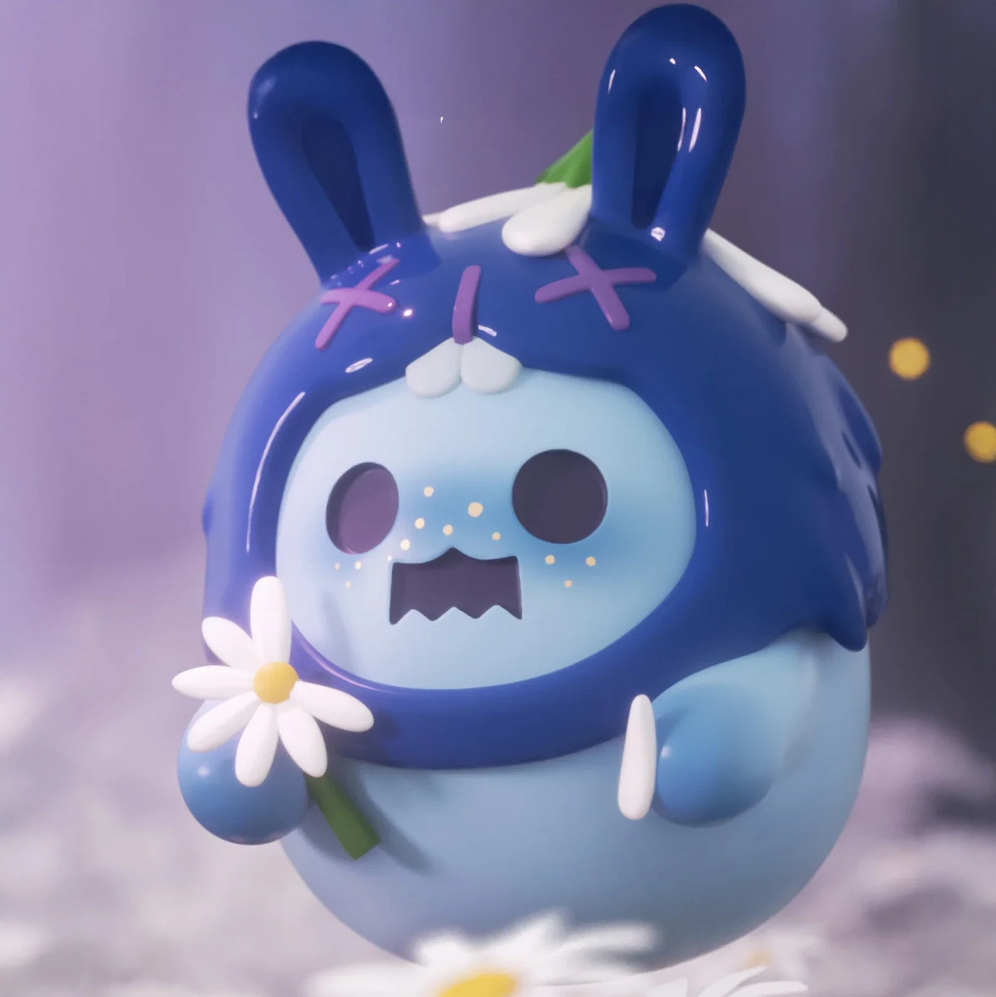 Blue and lavender ShinWoo Secret Bear figure holding white daisy with surprised expression on soft purple background