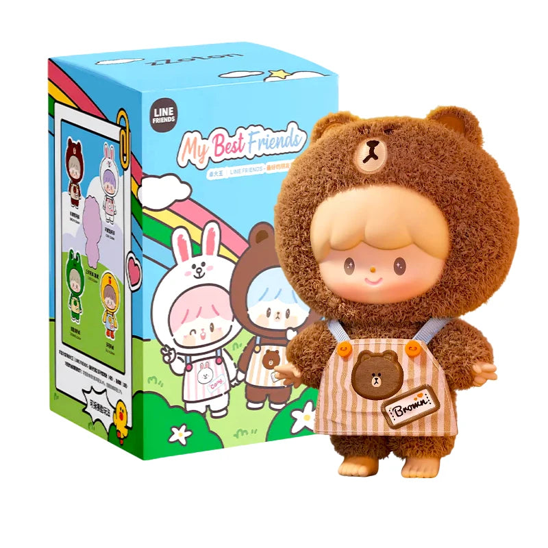 Collectible plush figure dressed in a fuzzy bear costume with striped overalls standing next to colorful blind box packaging