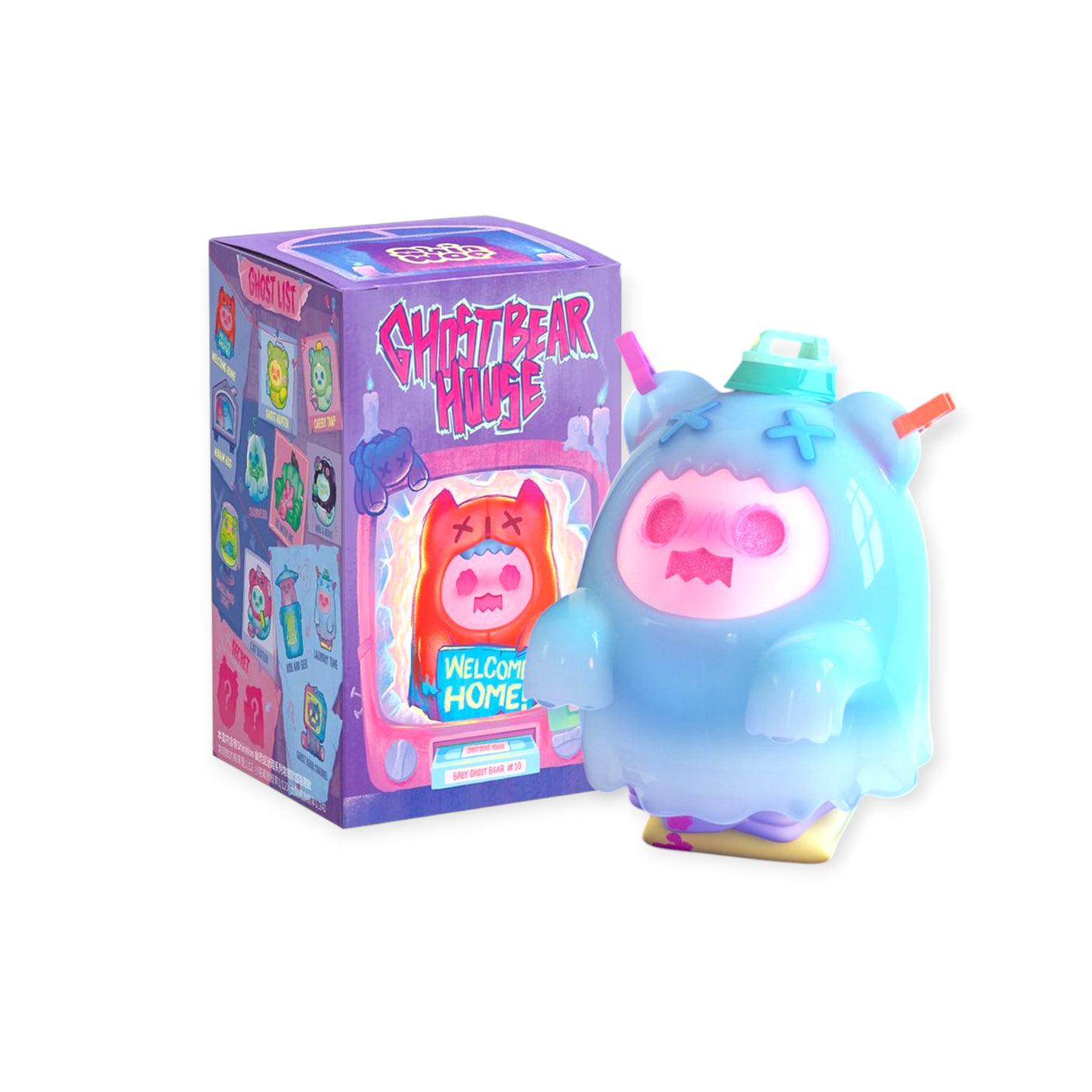 Glossy blue ShinWoo Ghost Bear collectible figure with pink face and hat next to purple Ghost Bear House blind box packaging