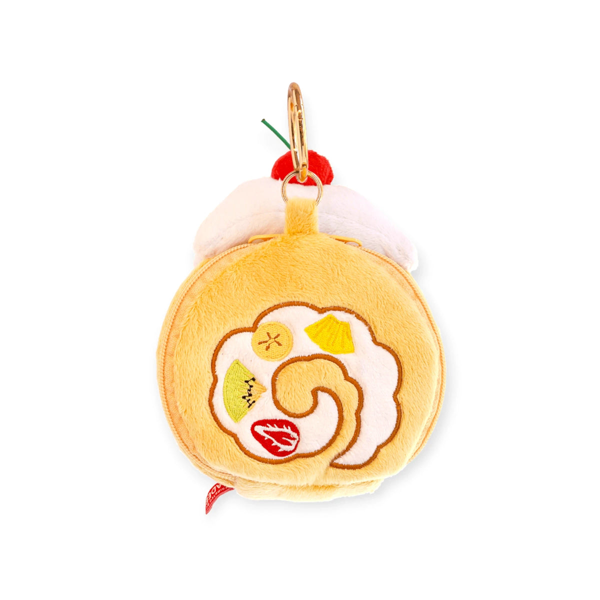 Round yellow plush zip pouch with embroidered fruit roll-cake face and gold keyring