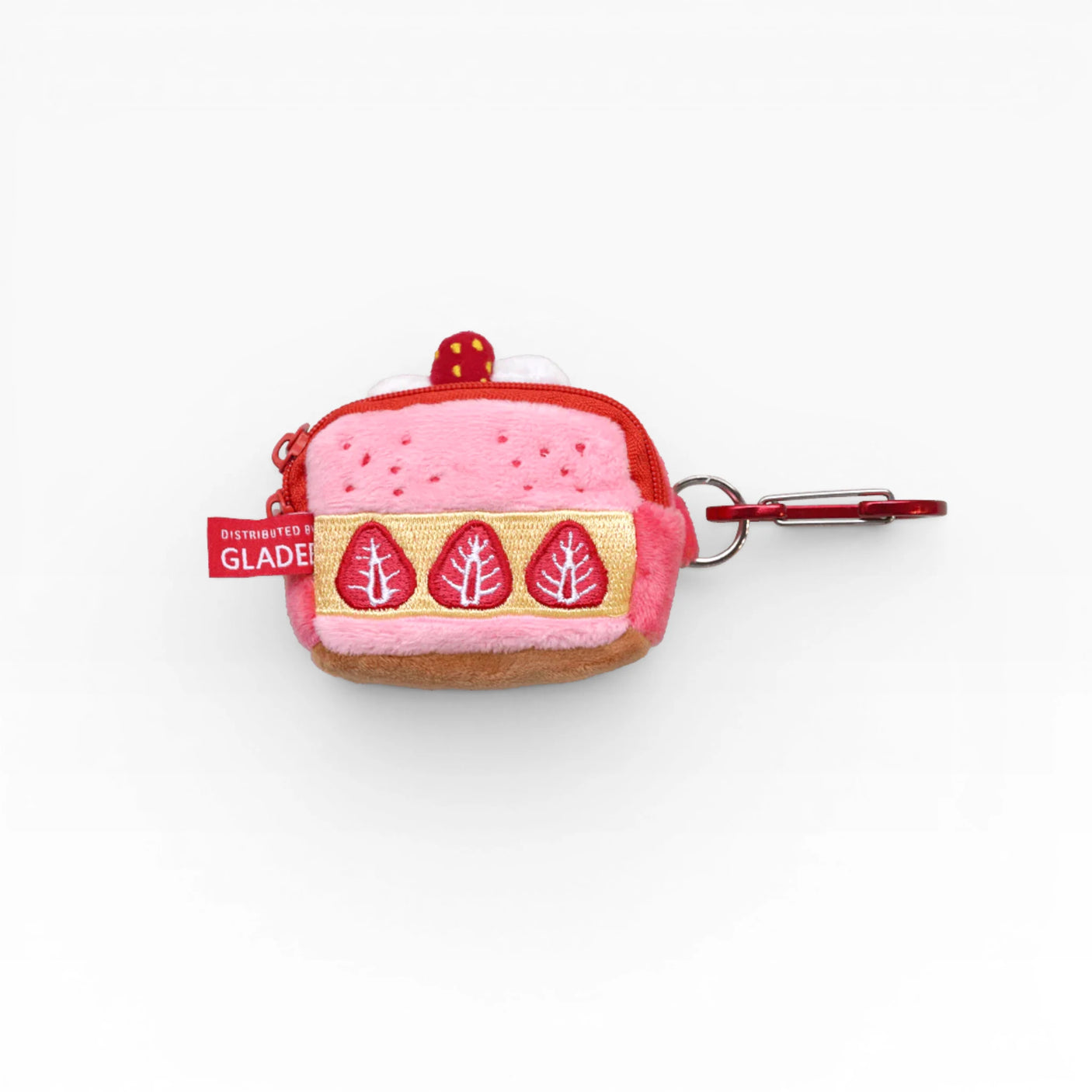 Strawberry plush AirPods case with side zipper, red metal clip and Gladee patch