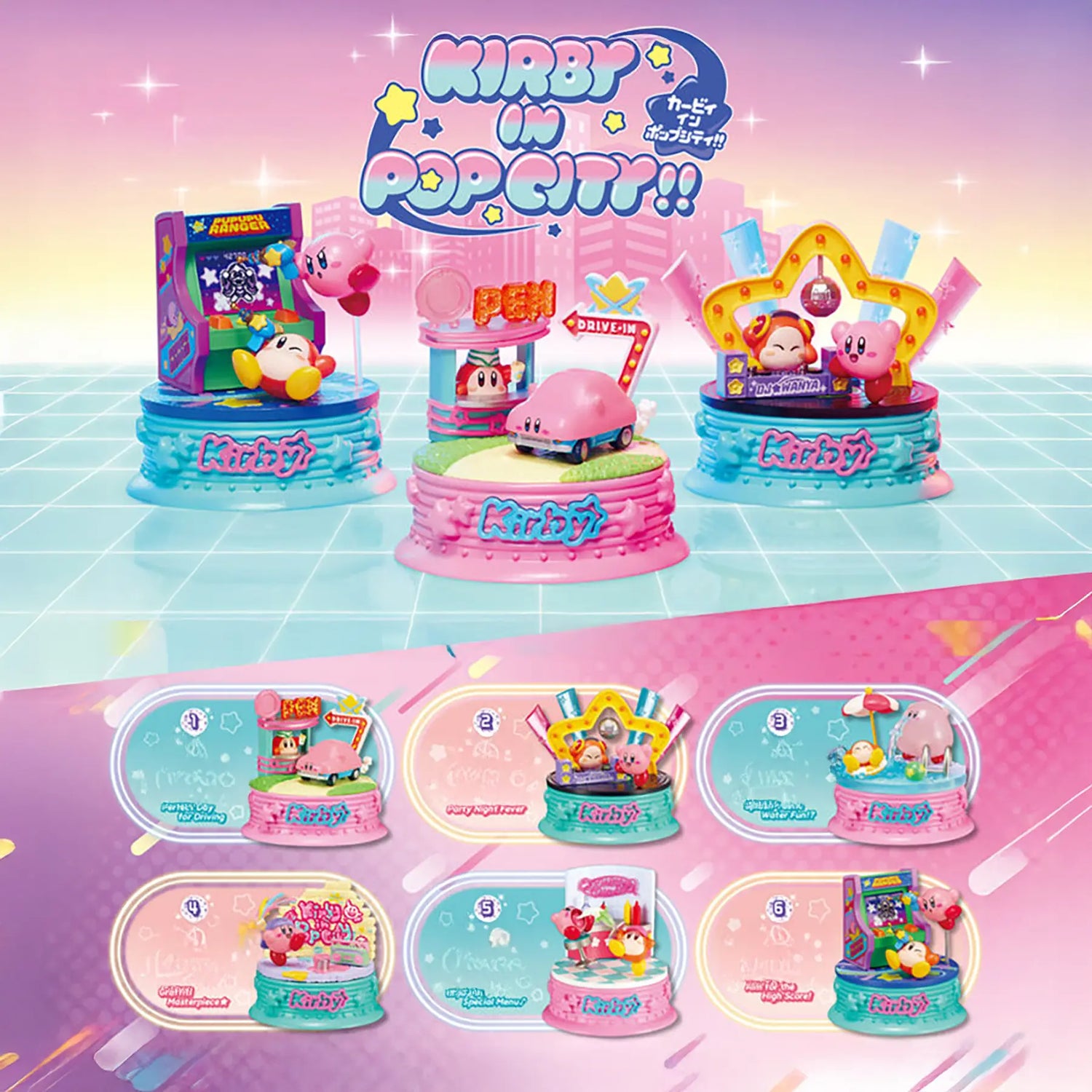 Four vibrant Kirby in Pop City Blind Box figurines from the Kirby brand stand on pink and blue bases, each with unique diorama props. Six smaller images display alternate angles and the collectible blind box packaging.