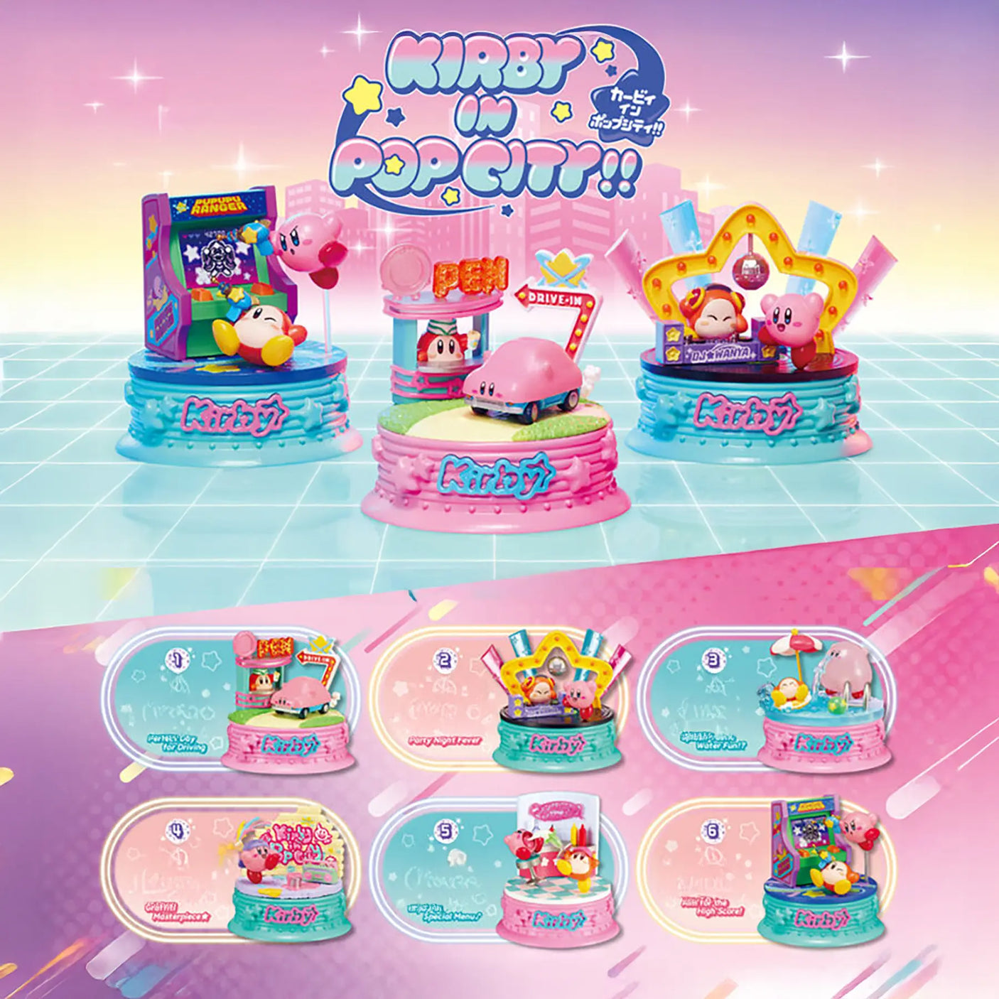 Four vibrant Kirby in Pop City Blind Box figurines from the Kirby brand stand on pink and blue bases, each with unique diorama props. Six smaller images display alternate angles and the collectible blind box packaging.