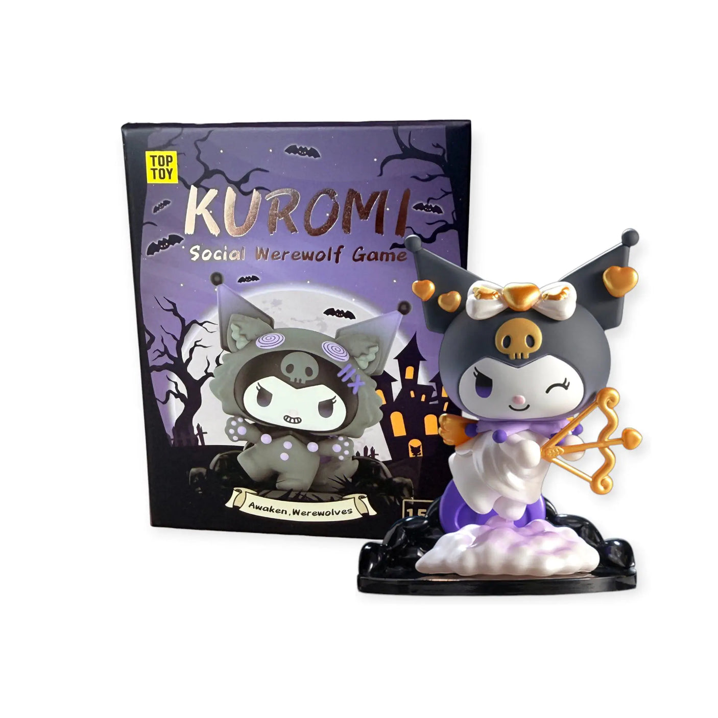 Kuromi social werewolf game blind box figure, purple outfit, standing on black base.
