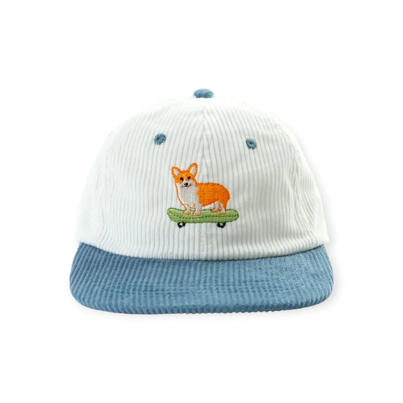 Cream baseball cap with blue brim, blue dot stitching, and orange bunny patch