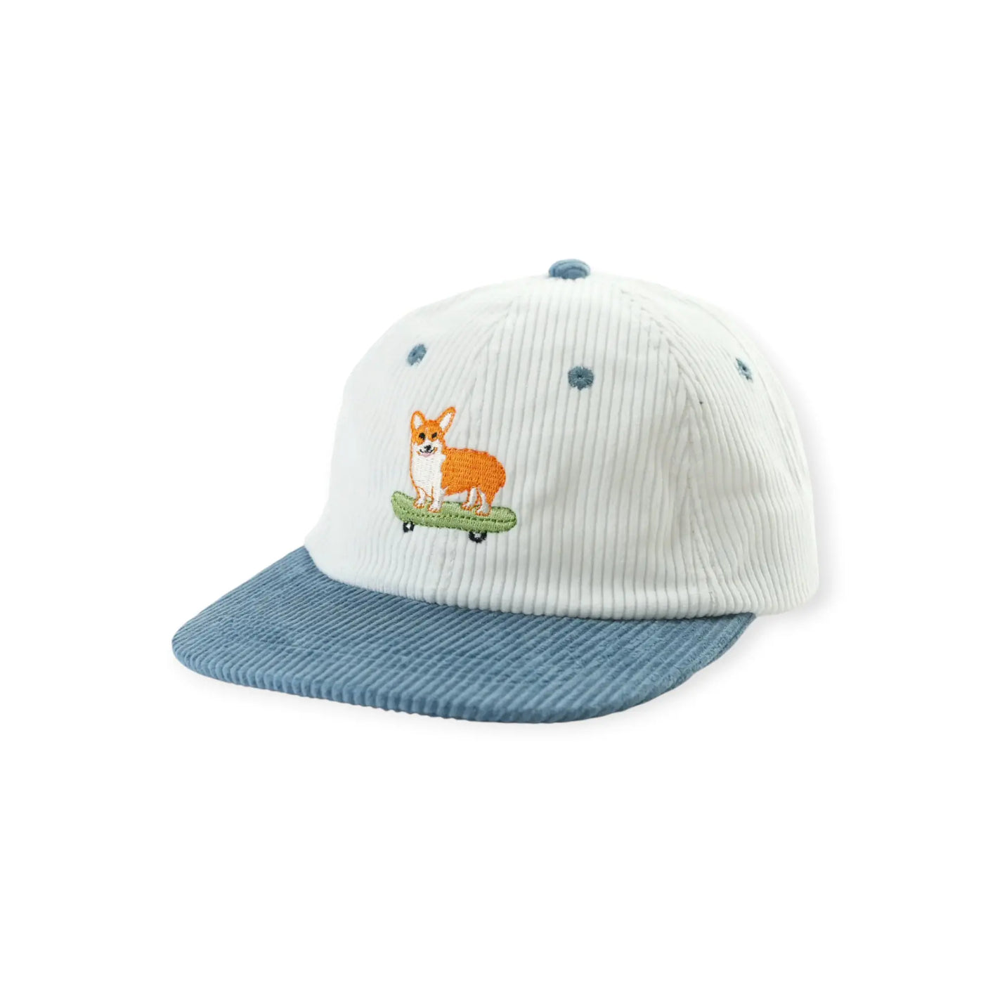Cream baseball cap with blue brim and orange bunny patch on front