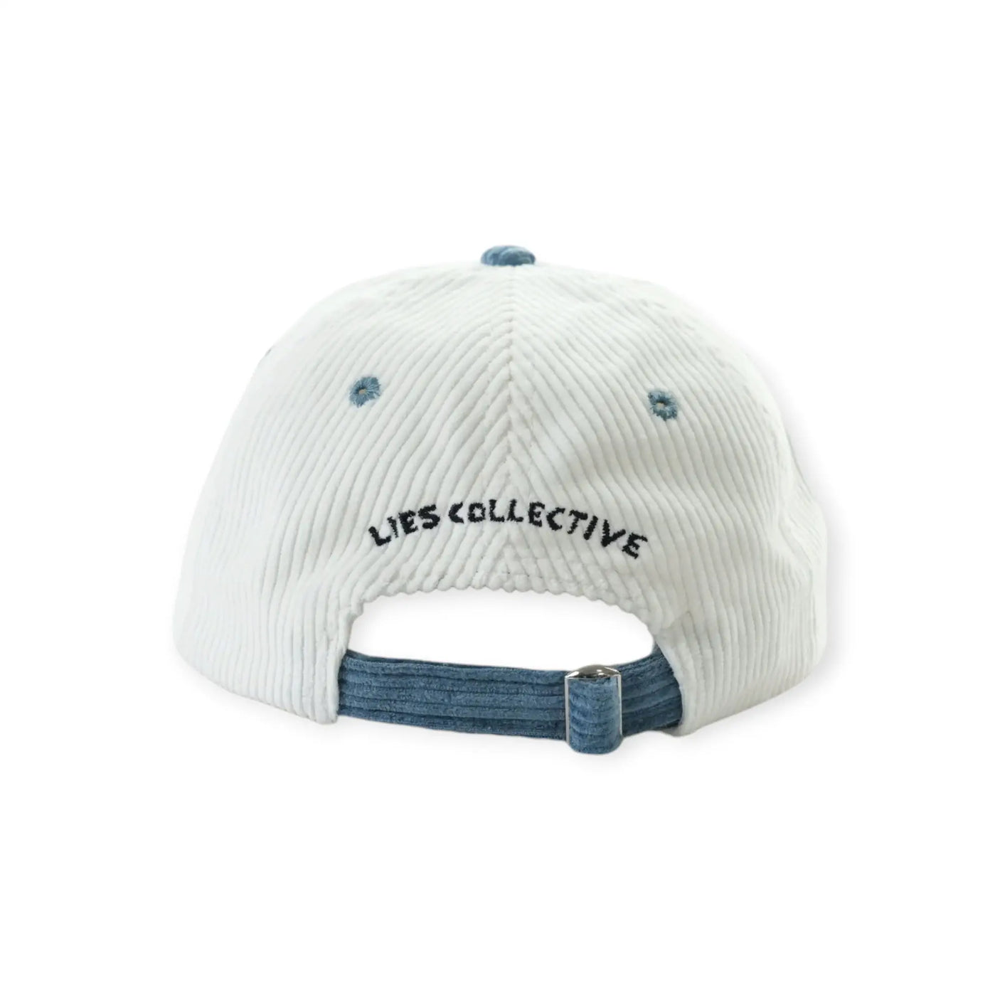 Cream baseball cap with blue brim and embroidered logo on back strap