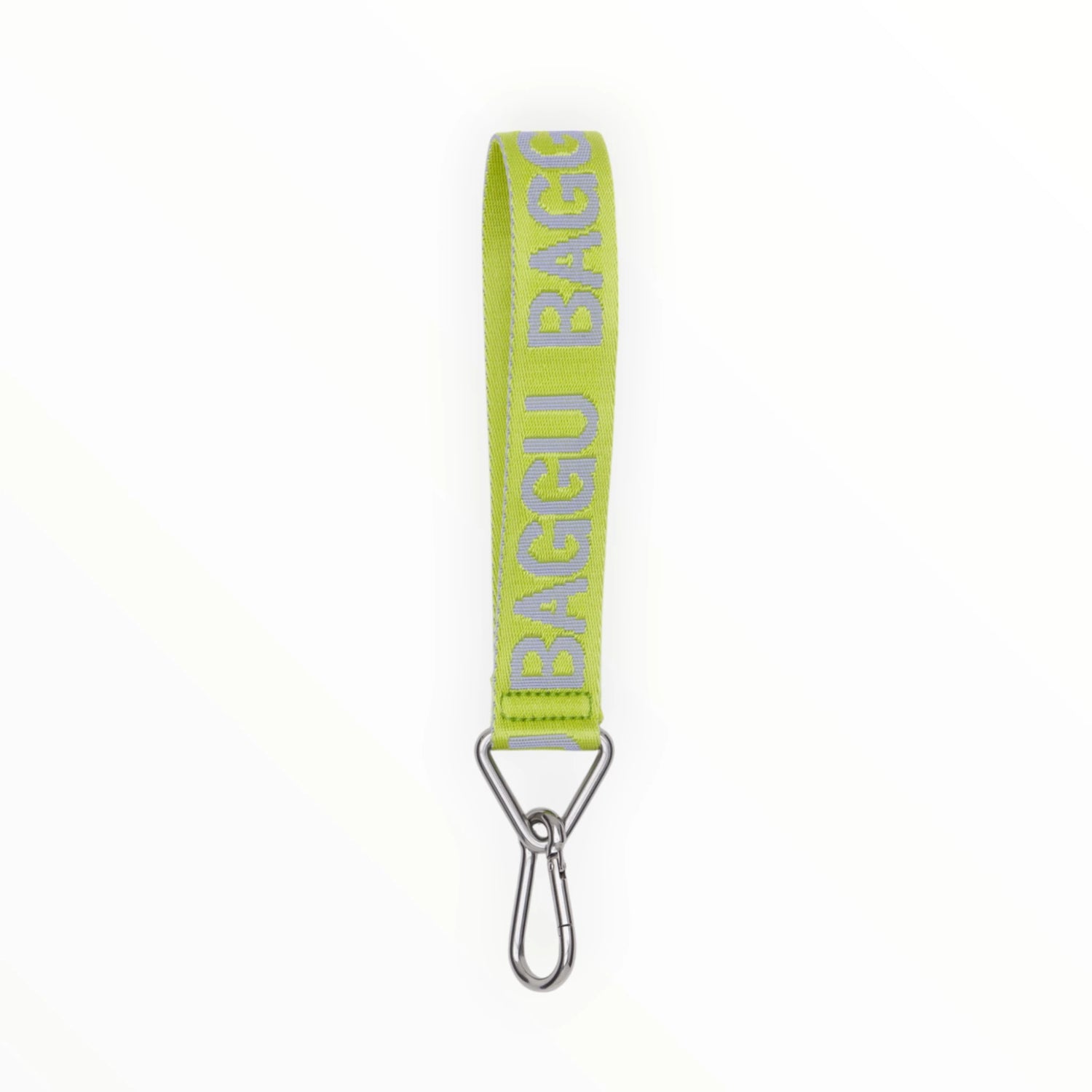 The Baggu Logo Keychain - Citron, crafted from recycled nylon in green, features a chic design with the distinctive Baggu logo and a sturdy metal clip at the bottom.