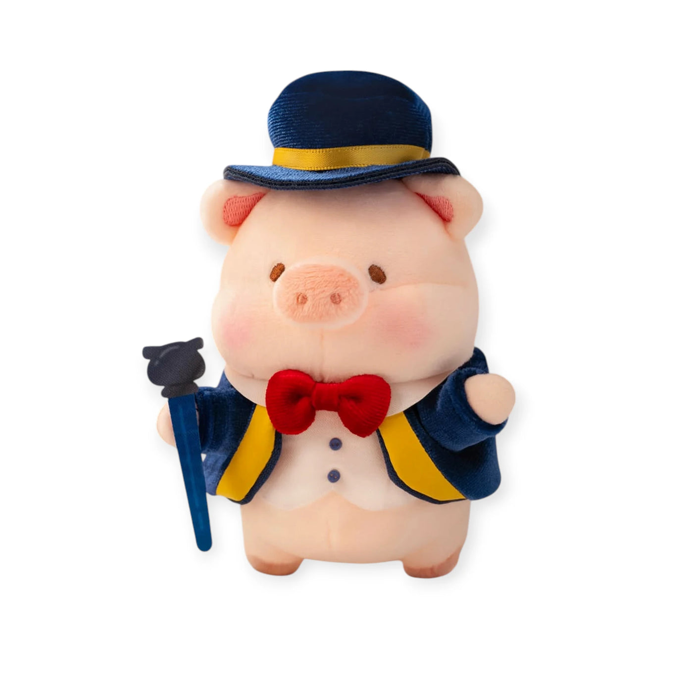 Soft plush pig wearing blue and yellow jacket with red bowtie and blue hat holding a dark blue cane