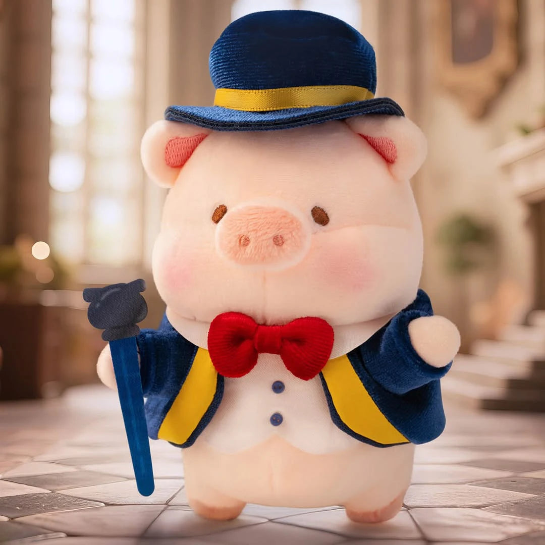 Plush pig dressed in blue and yellow suit with red bowtie and blue hat holding a blue cane on tiled floor background