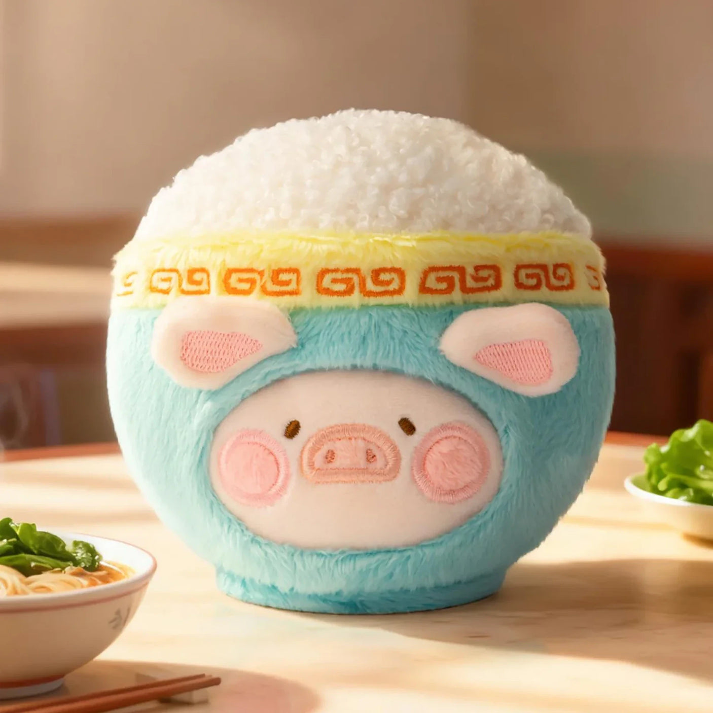 LuLu The Piggy - Dim Sum Food Hunter Keychain Blind Box featuring a plush piggy in a blue rice bowl costume by LuLu The Piggy