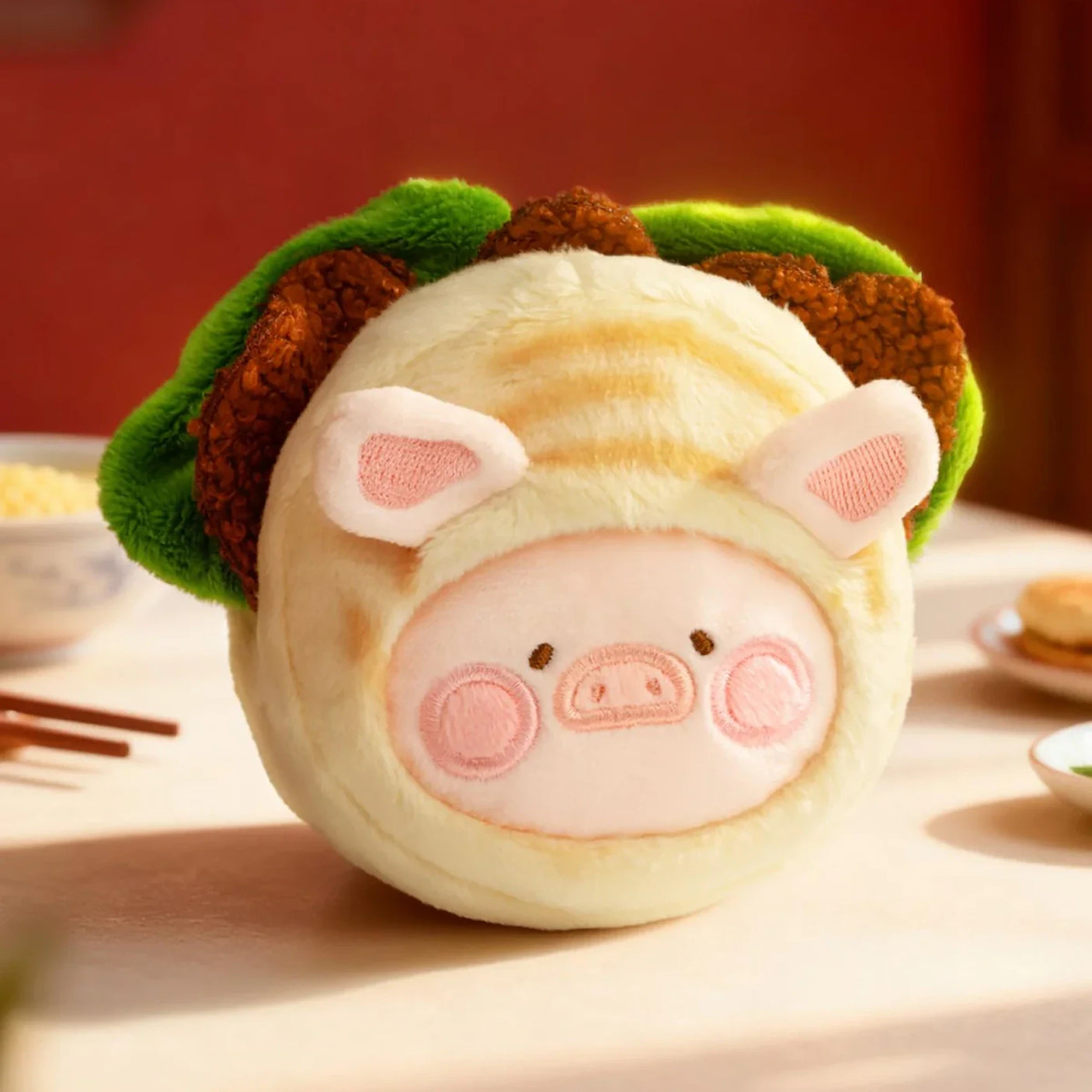 LuLu The Piggy - Dim Sum Food Hunter Keychain Blind Box featuring a plush piggy in a lettuce and crispy fried chicken costume by LuLu The Piggy