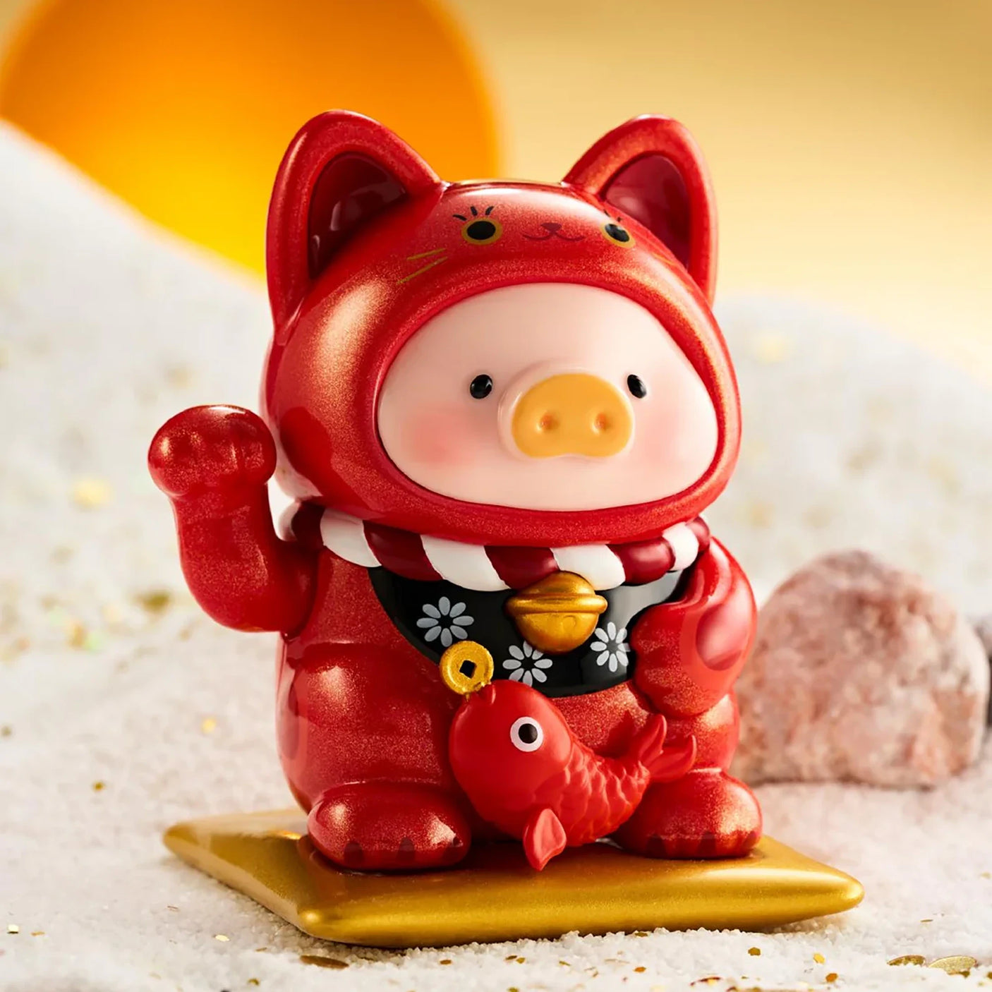 LuLu The Piggy - Lucky Cat Blind Box showing a red piggy figurine in a cat costume holding a red fish by LuLu The Piggy