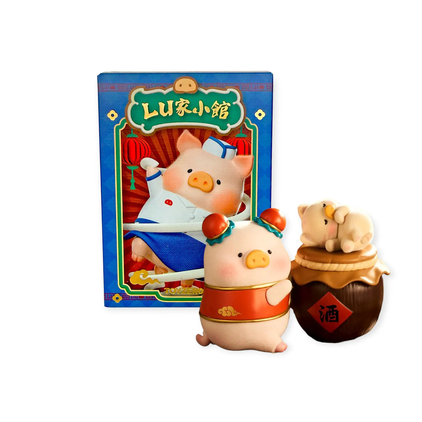 Toy blind box set with pig chef figurines and blue retail box packaging