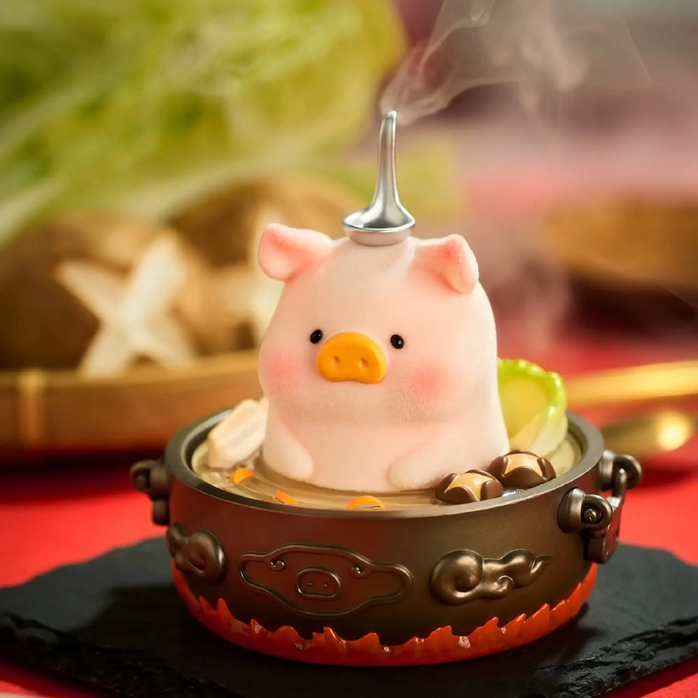 Piggy blind box figure in a pot with a ladle, cream body and yellow snout