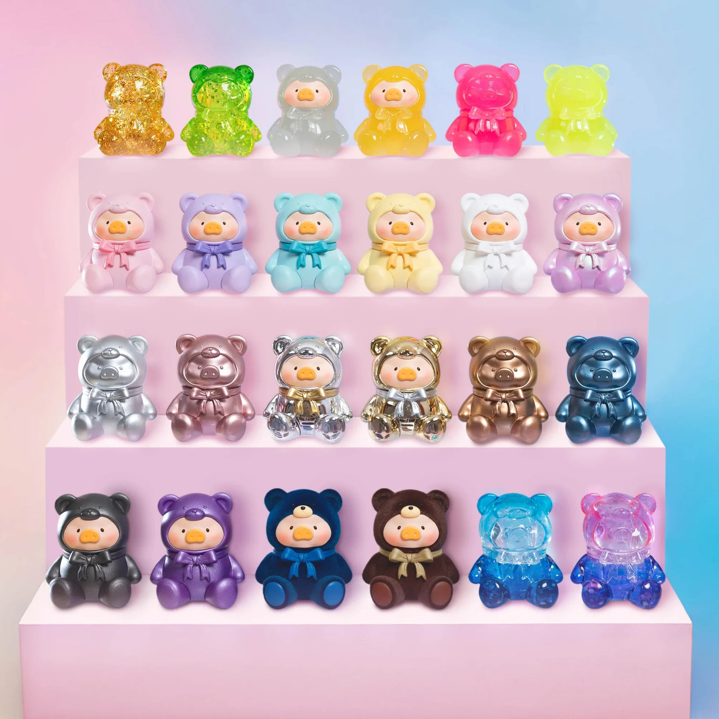 A lineup of LuLu The Piggy - Mini Teddy Blind Bag collectible figures by LuLu The Piggy, displayed in five rows on a stepped white platform set against a pastel background.
