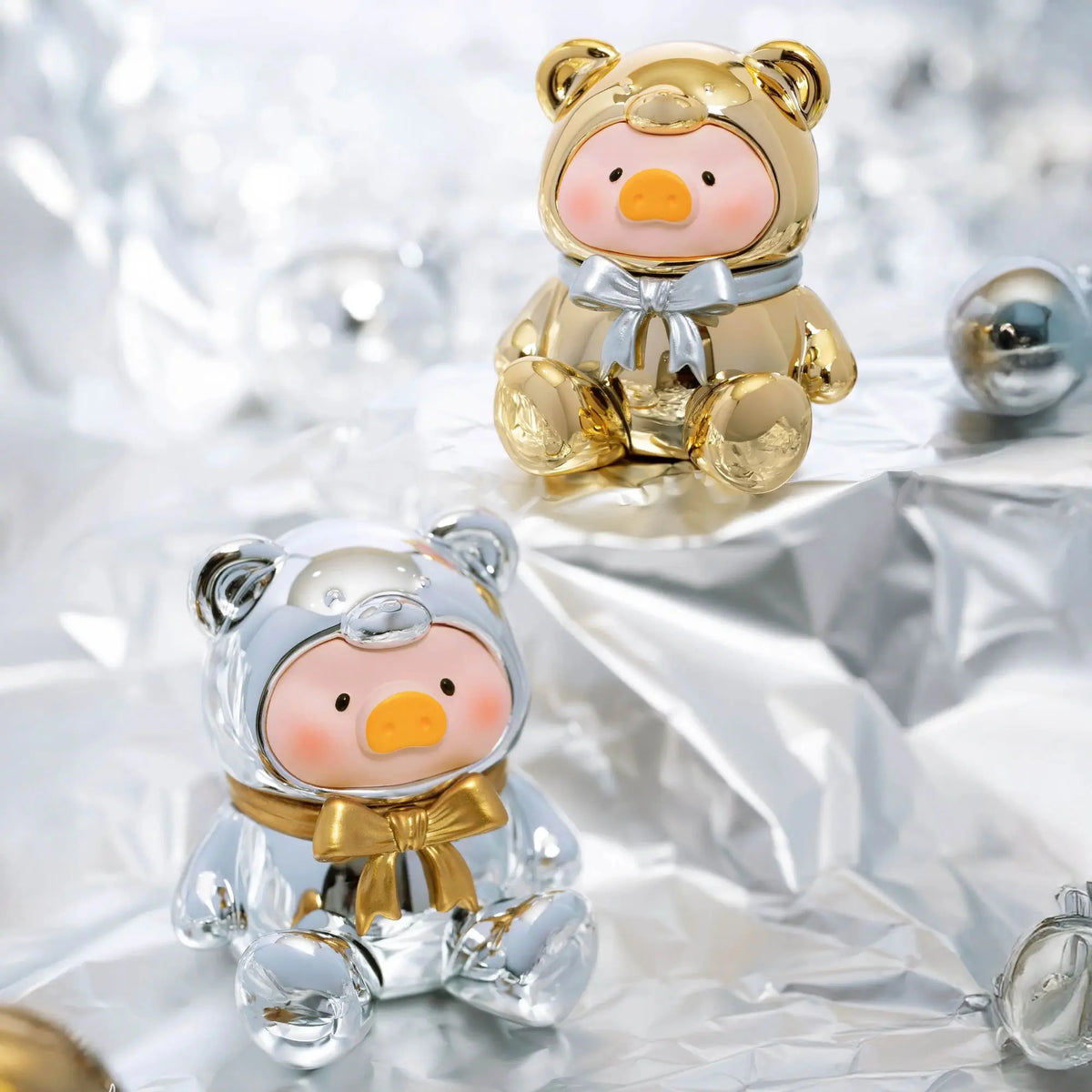 Astronaut mini teddy figures, gold and silver bears with shiny space suits