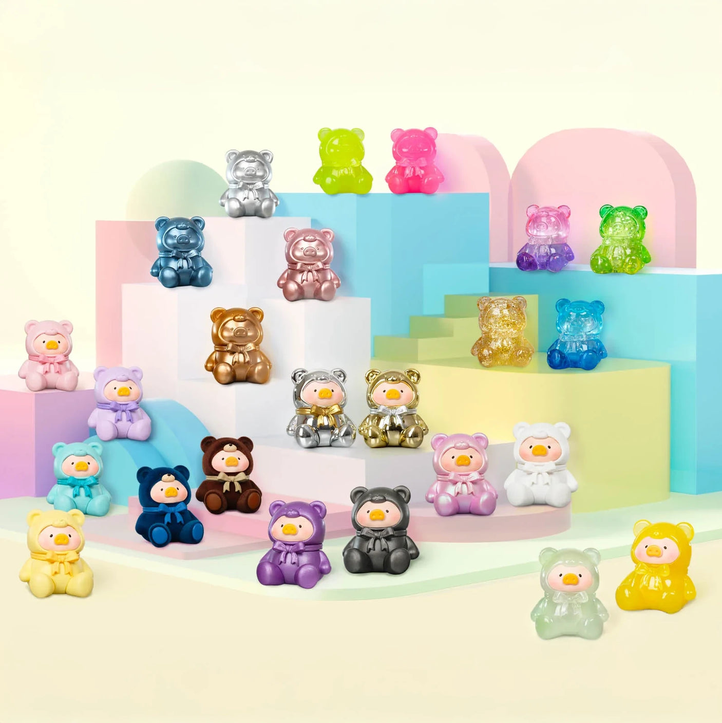 LuLu The Piggy - Mini Teddy Blind Bag collectible figures from LuLu The Piggy are displayed on pastel geometric platforms in a studio setting.