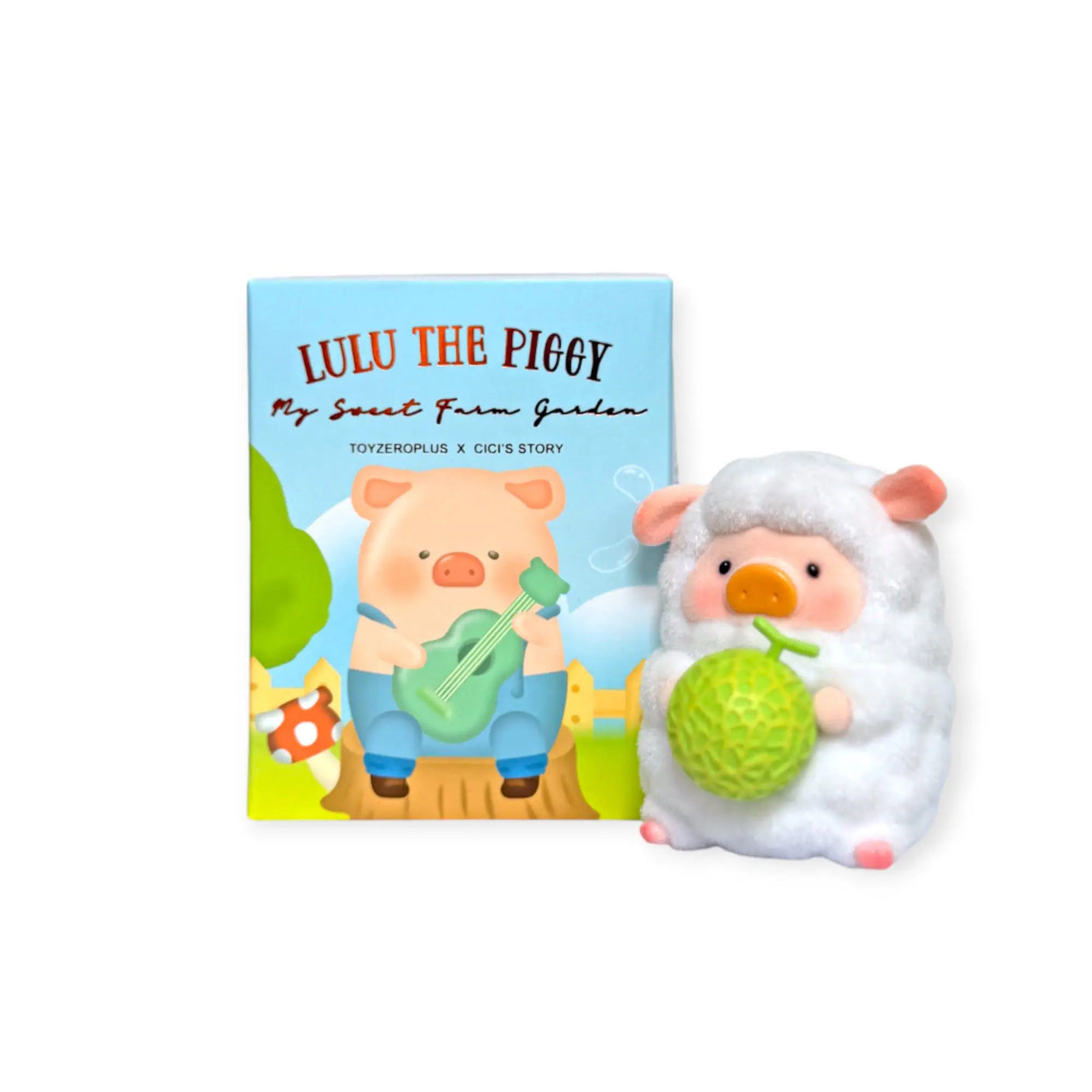 Lulu the Piggy blind box packaging with a white sheep-style pig figure holding a green ball.