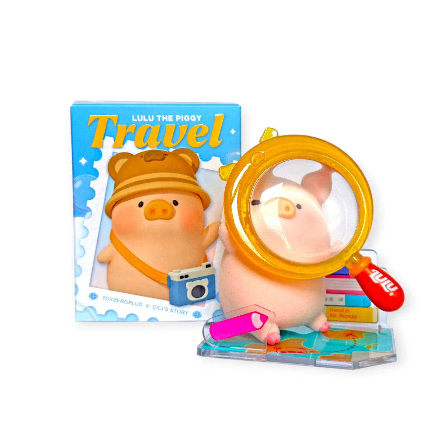 Pig travel blind box set with pig figure, yellow magnifier, and travel accessories