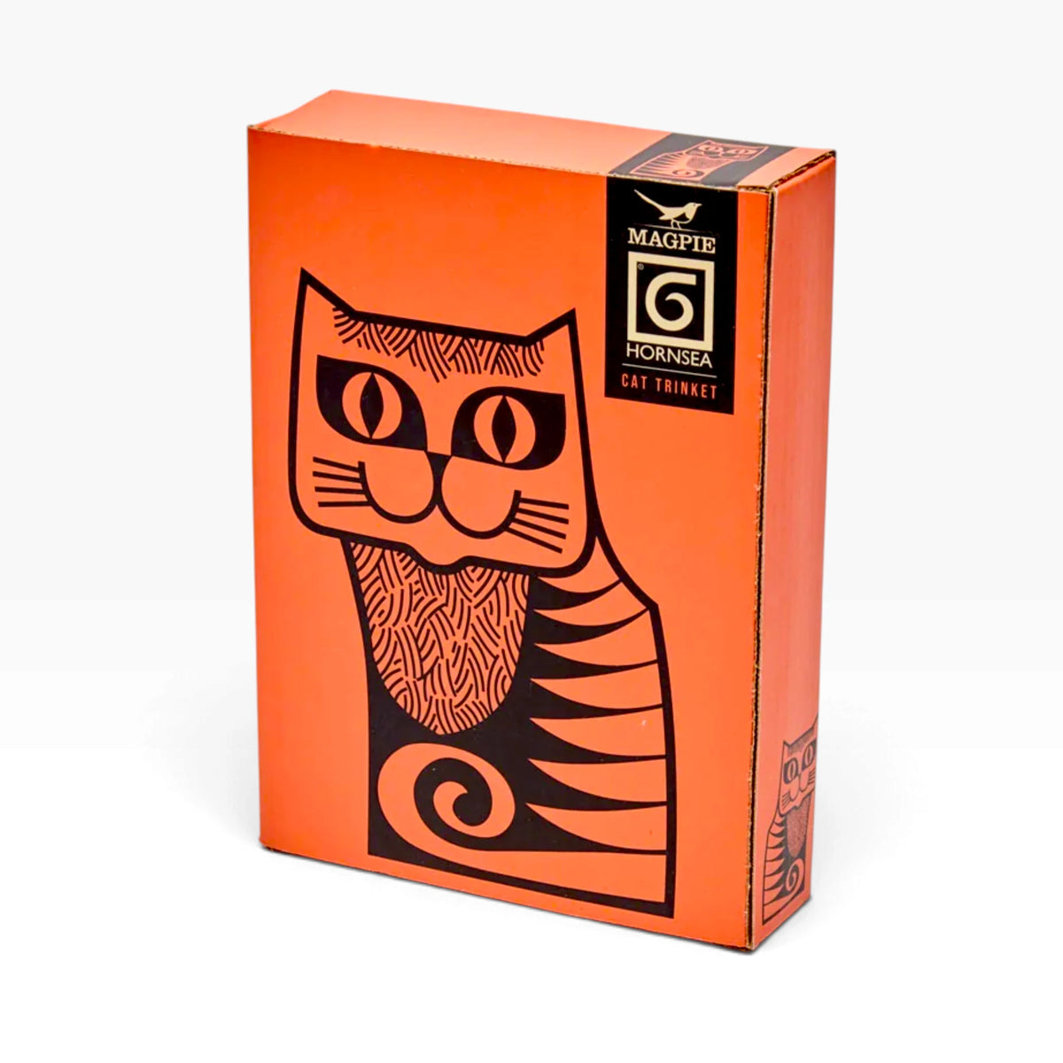 Orange cat trinket dish box with black cat face graphic on orange packaging.