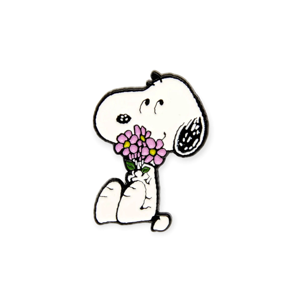 Enamel pin of Snoopy holding a bouquet of pink flowers