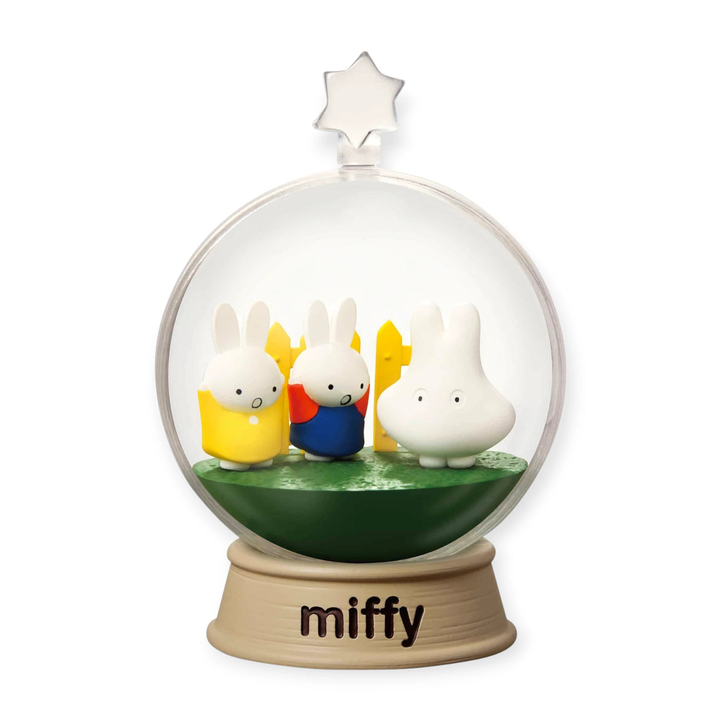 Miffy terrarium dome with three bunnies on a green ground, star topper