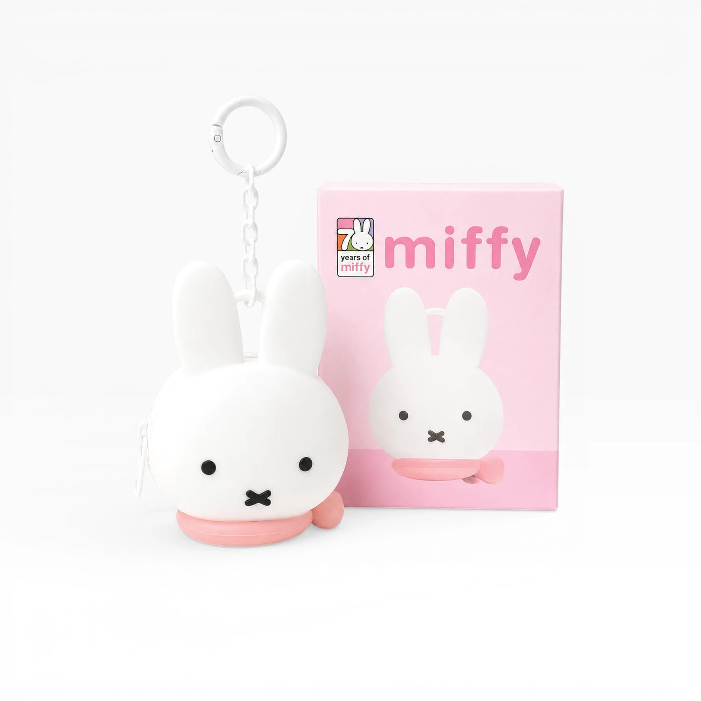 Miffy bunny coin pouch keychain, white plush bunny with key ring and chain, pink base.
