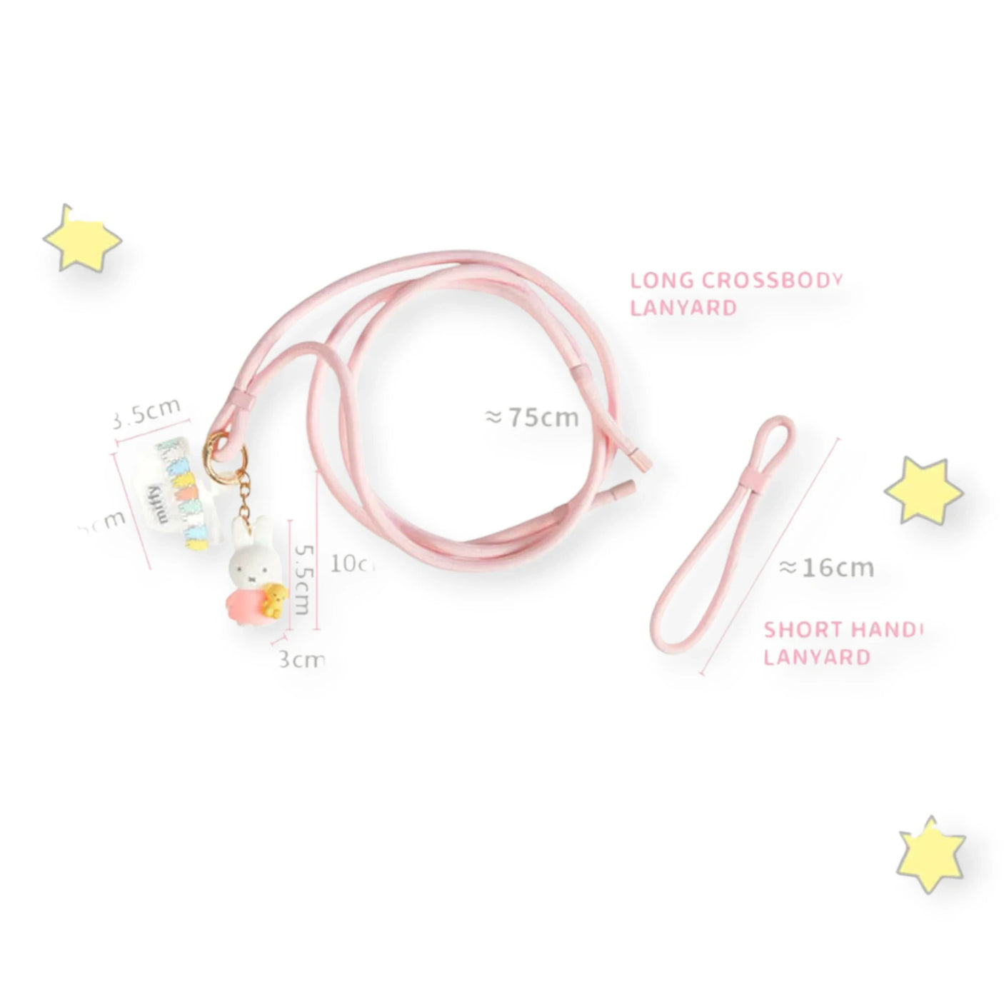 Pastel Miffy phone lanyard with star charm, pink cord and small bunny keychain
