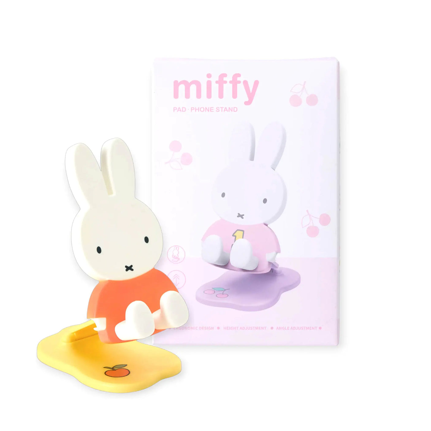 Miffy phone and tablet stand with retail box, rabbit in orange on yellow base