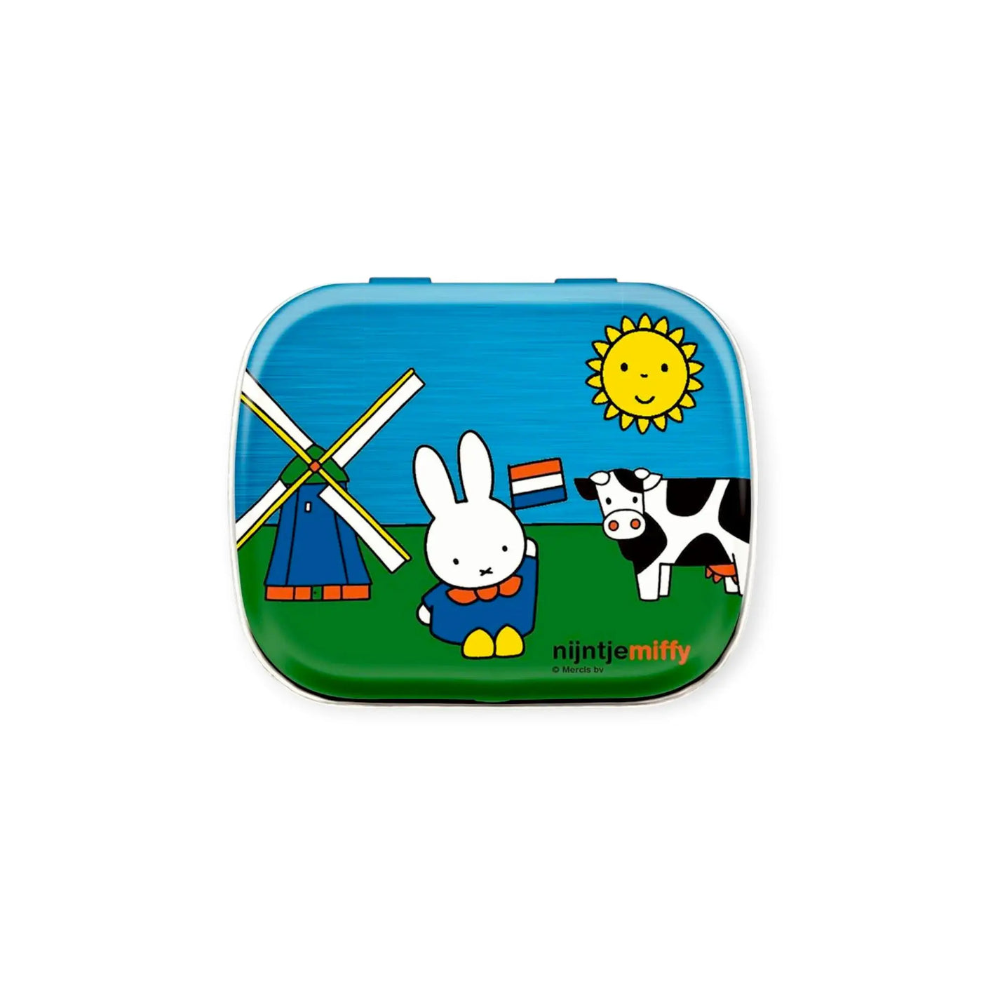 Blue Miffy pill tin with Dutch Pride flag, sunflower, and characters graphic