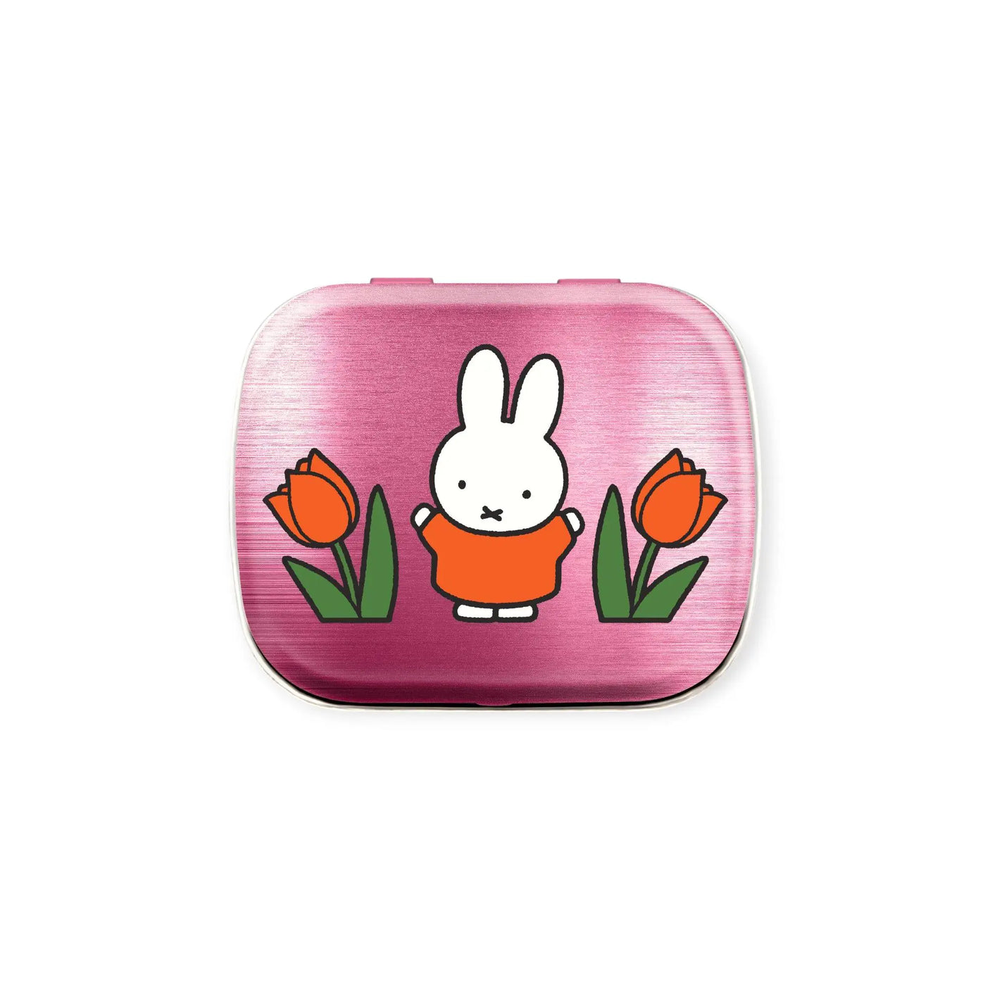 Miffy pill tin with pink tulip graphic and white rabbit face, rounded rectangular