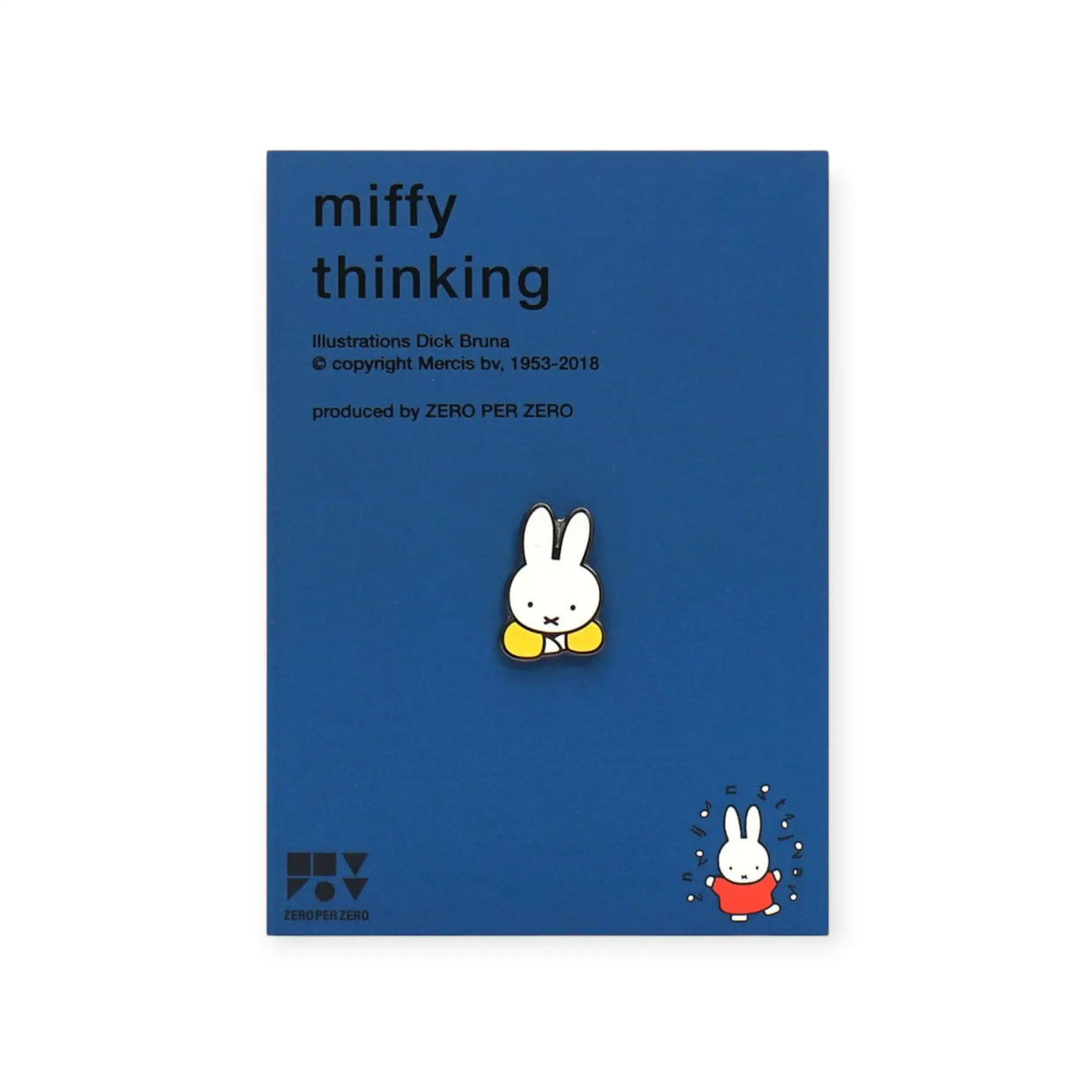 Miffy thinking pin on blue card with white rabbit character illustration