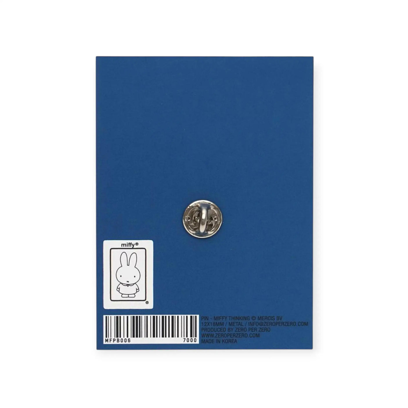 Miffy thinking pin with metal clasp on blue backing card, barcode label