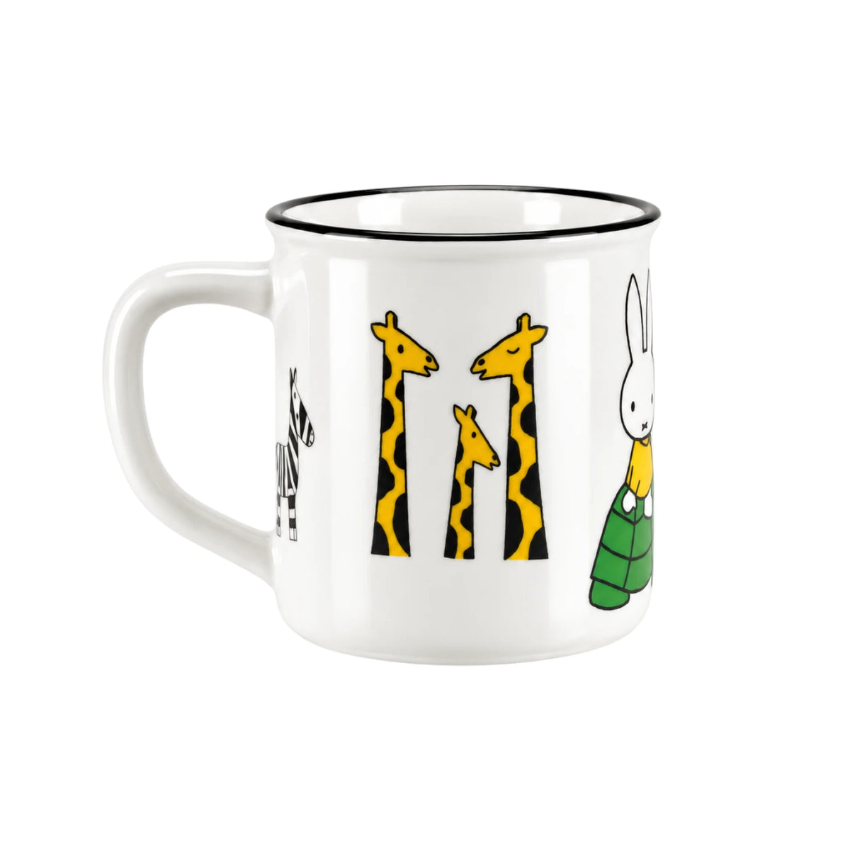 White ceramic mug with giraffe and rabbit animal illustrations, side handle and black rim