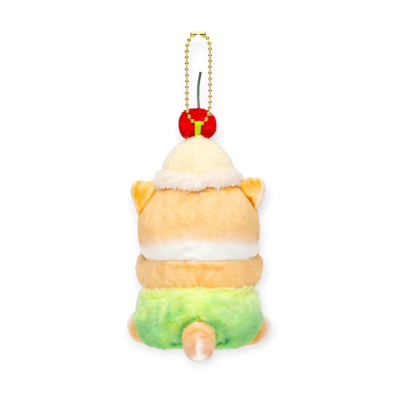 Back view plush keychain with gold chain, red cherry pom, cream body and green shorts